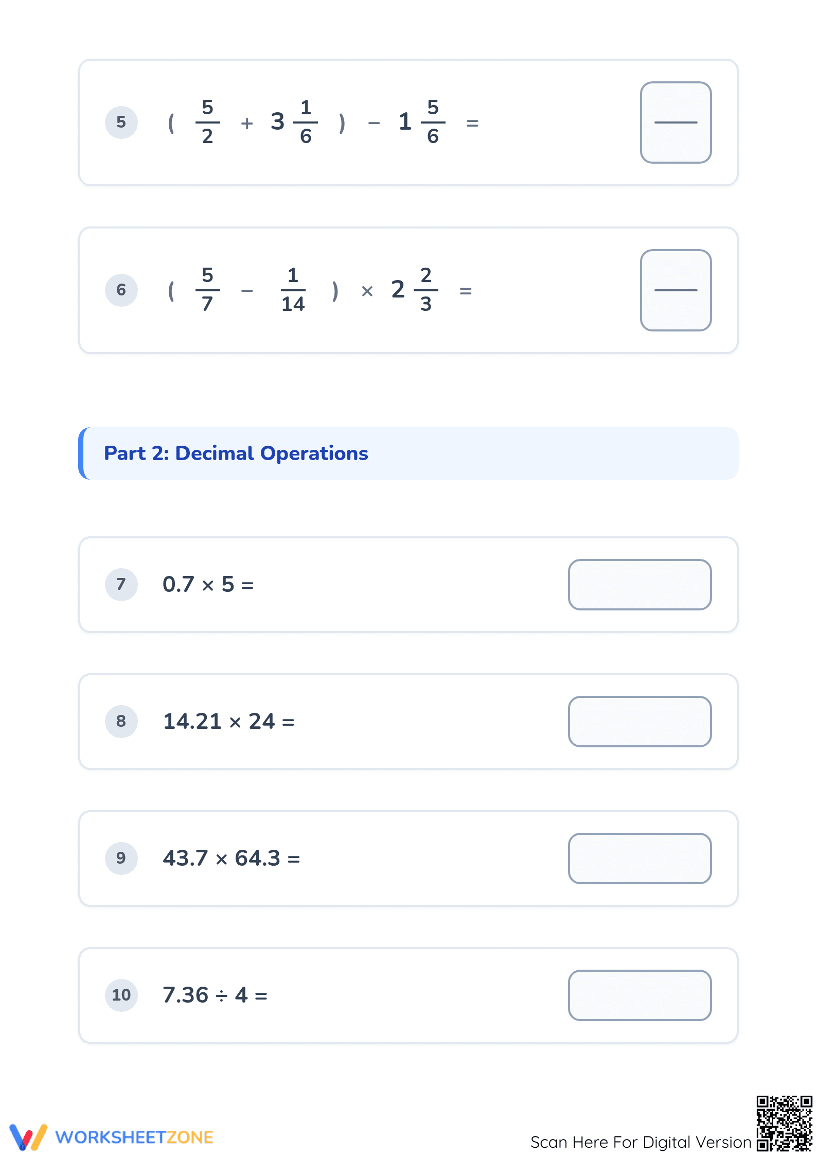 Printable CCSS.MATH.5.NBT.B.7 Decimal Assessment - Grade 5 - Page 2