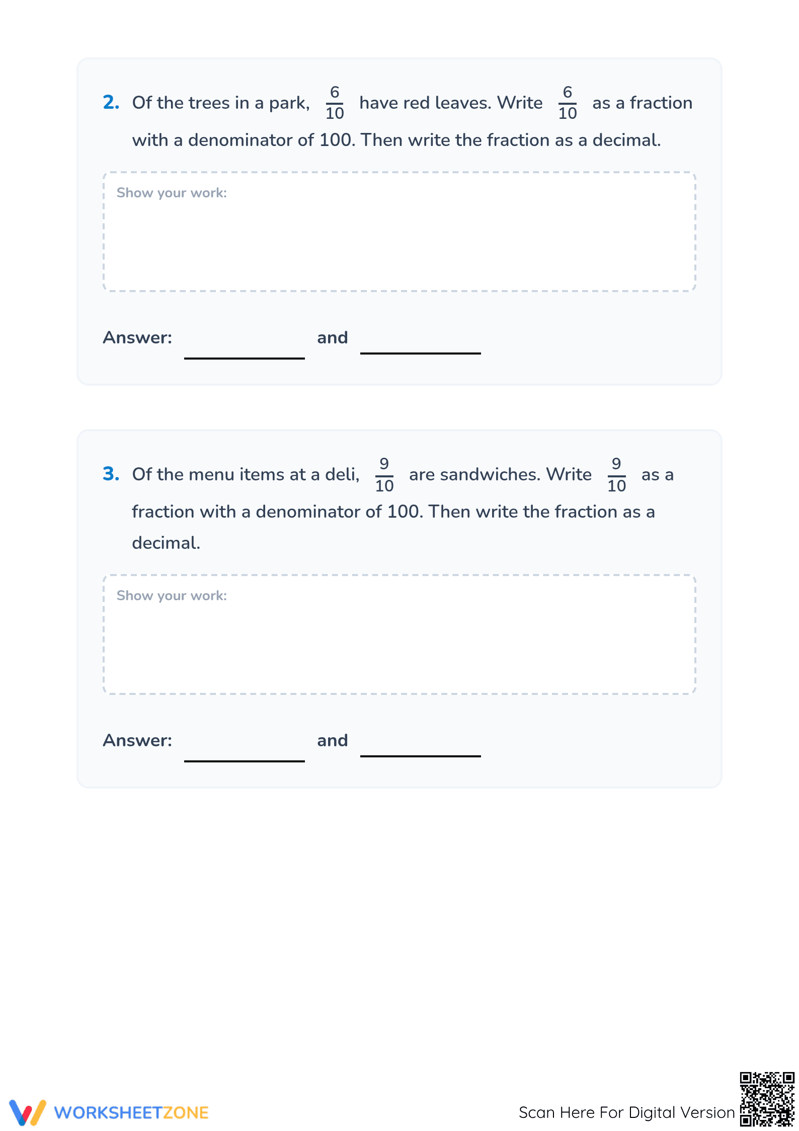 Essential Grade 4 Decimals and Fractions Worksheet - Page 2