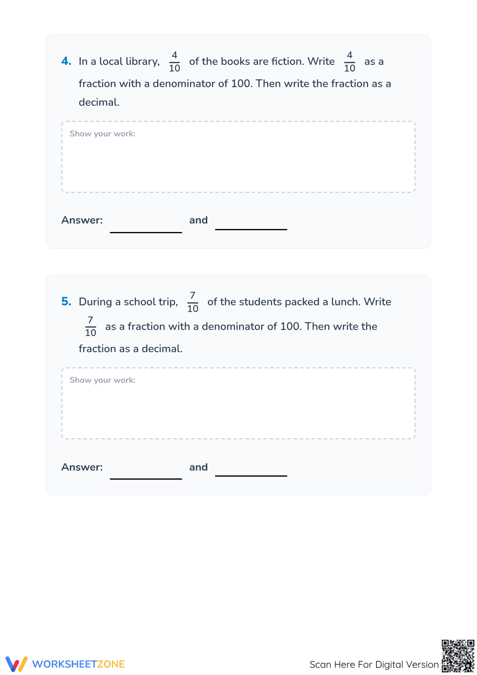 Essential Grade 4 Decimals and Fractions Worksheet - Page 3