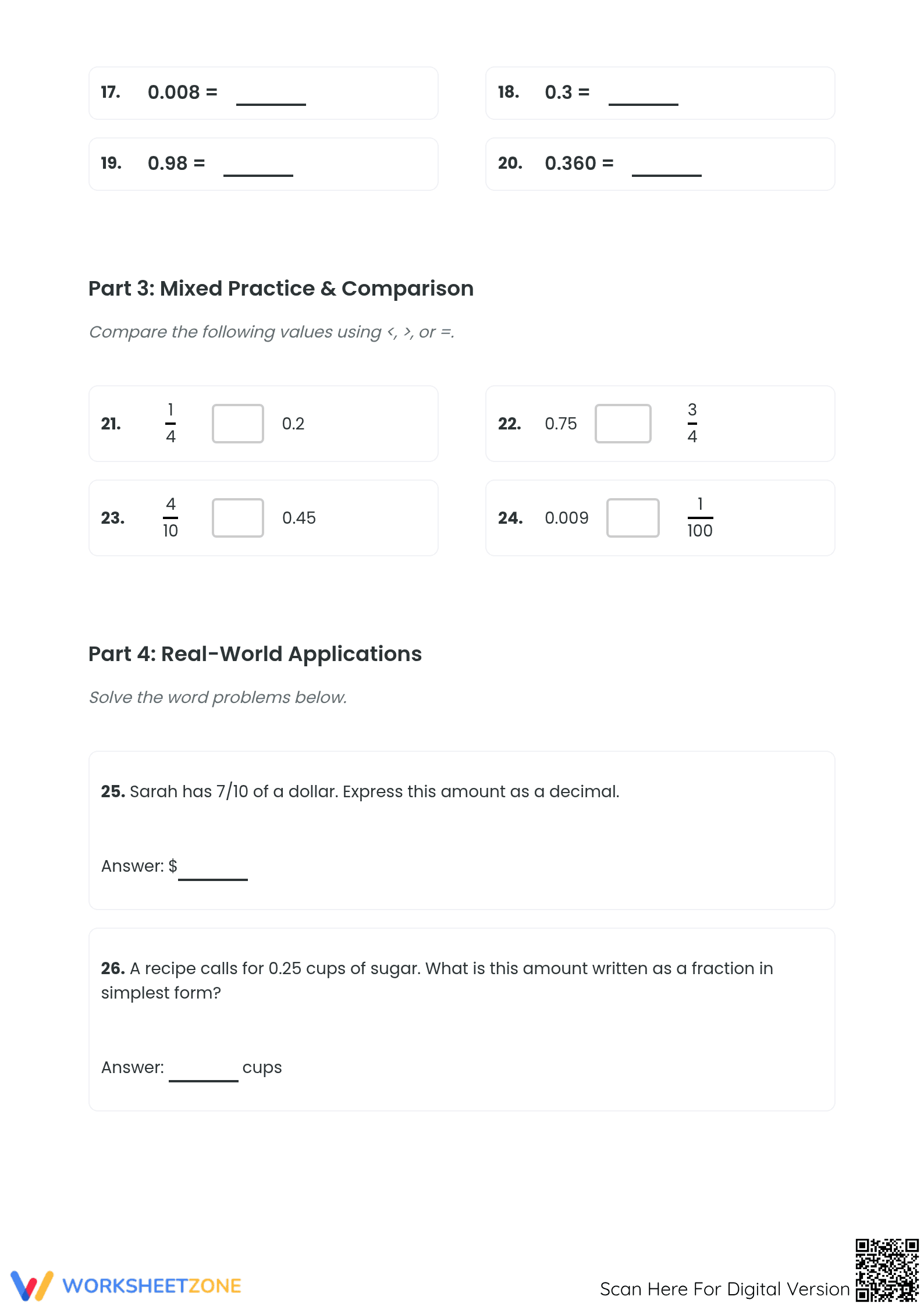 Printable Fractions and Decimals Review | Grades 5-7 - Page 2