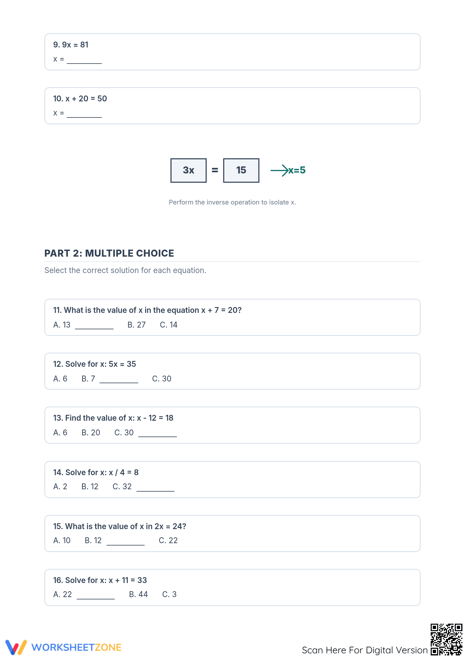 Printable One-Step Equations Worksheet | Grade 6 Math - Page 2