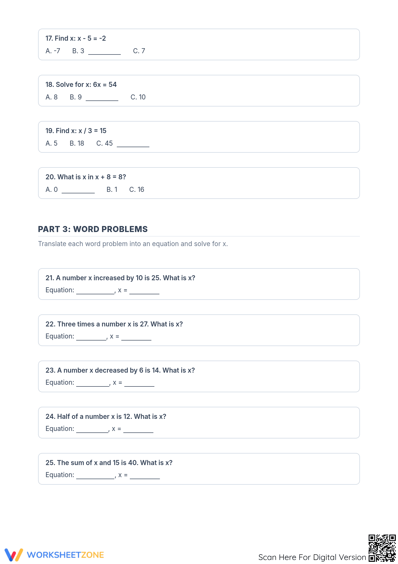 Printable One-Step Equations Worksheet | Grade 6 Math - Page 3