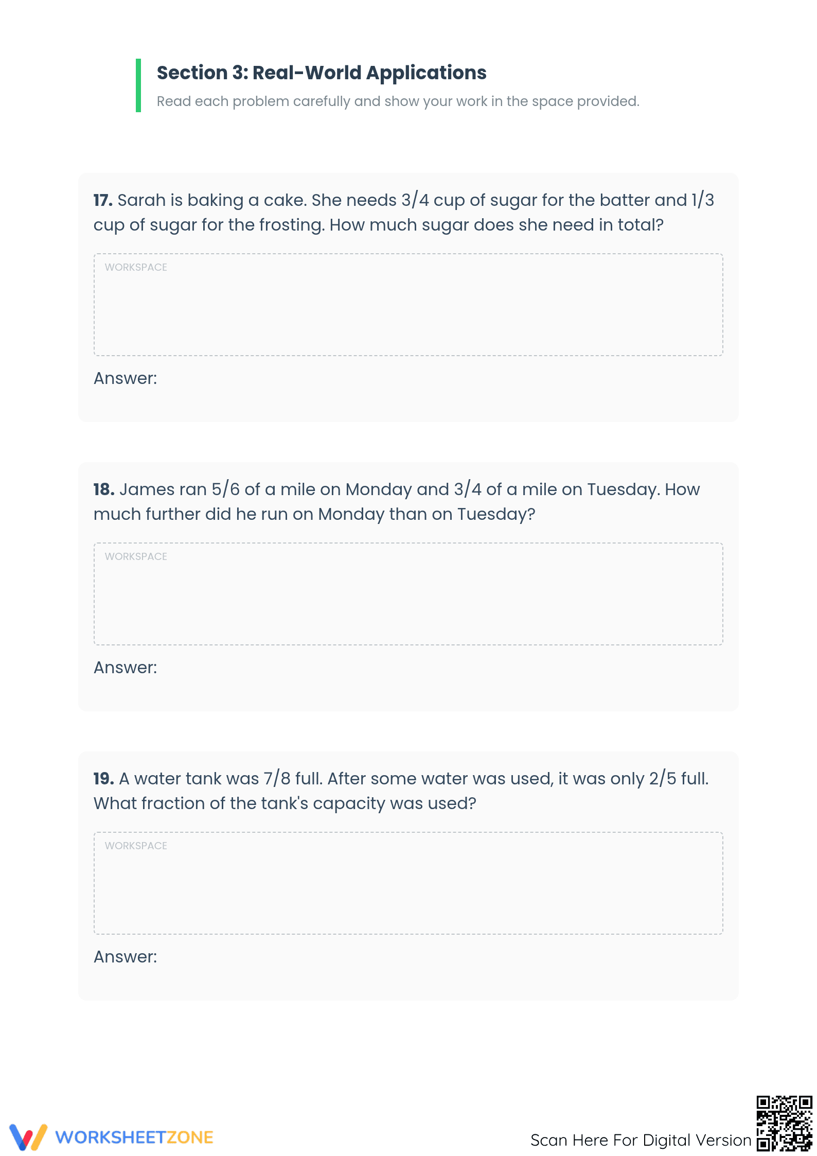 Printable Fraction Word Problems Worksheet | Grade 5/6 Math - Page 3