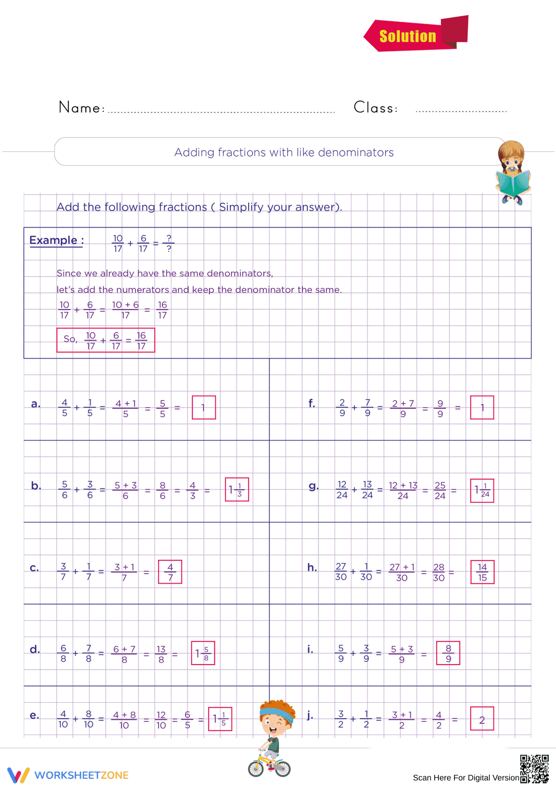 Adding Fractions With Like Denominators Practice Worksheet - Page 2