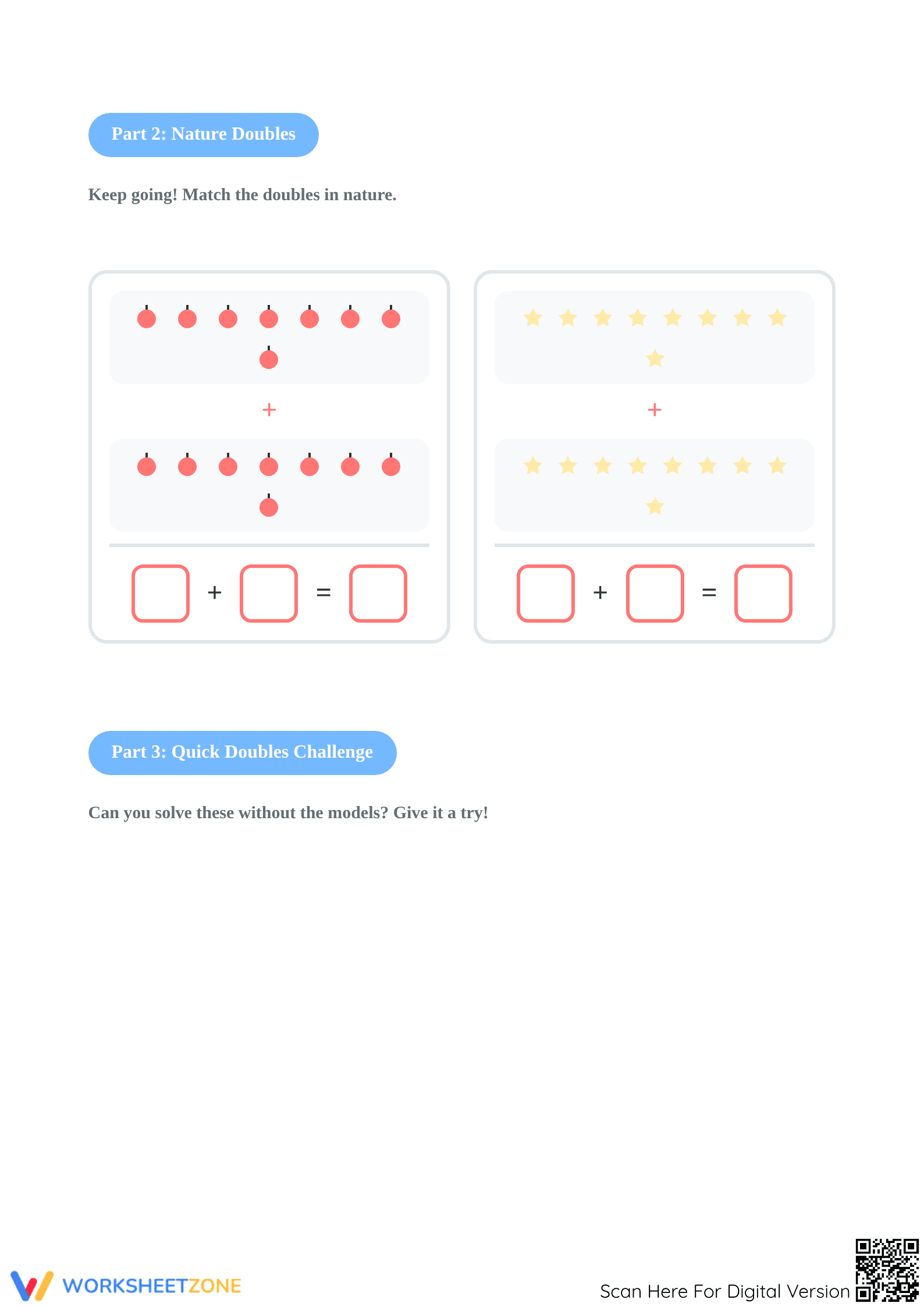 Grade 1 Add Doubles with Models — Printable Worksheet - Page 3