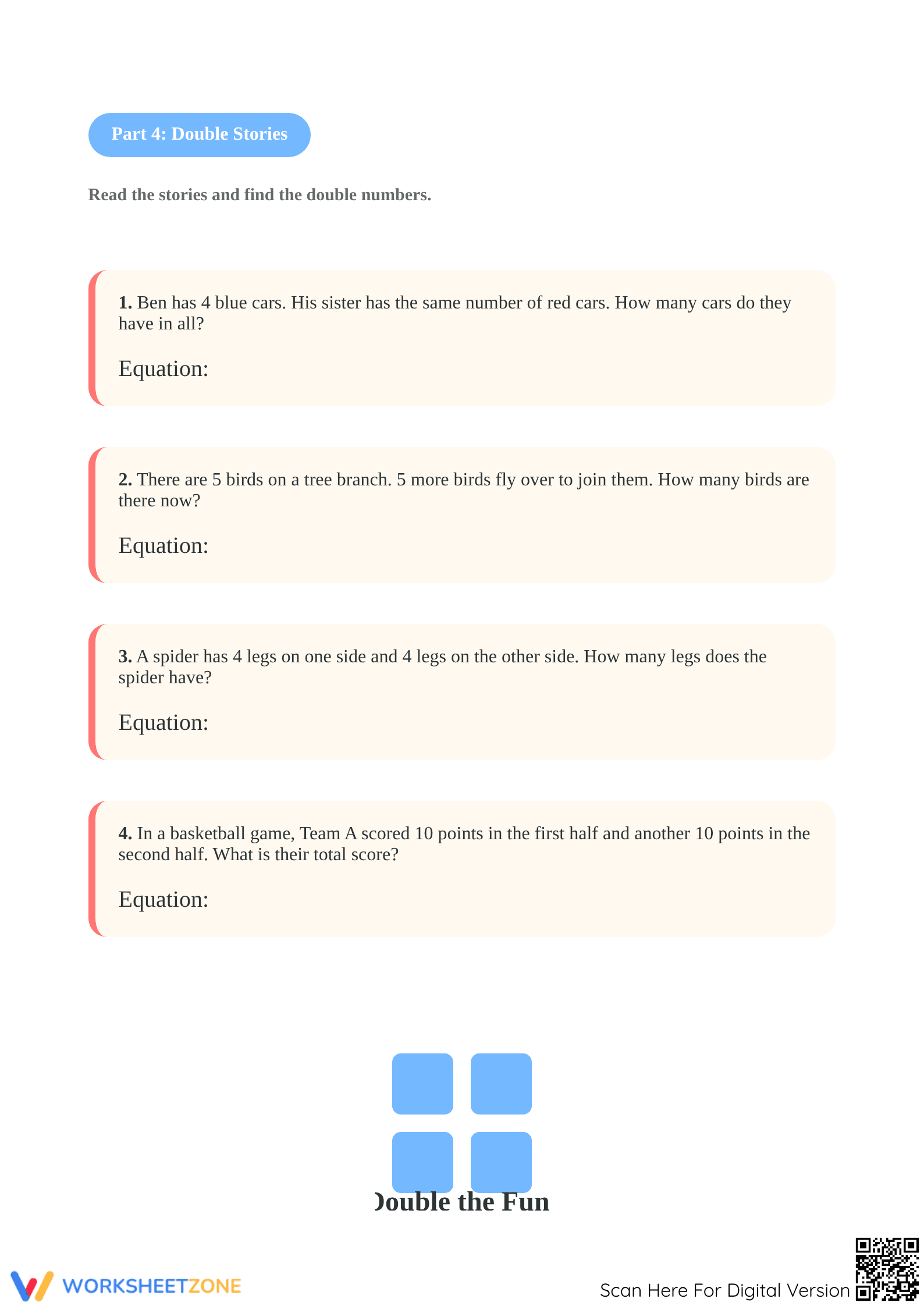 Grade 1 Add Doubles with Models — Printable Worksheet - Page 5