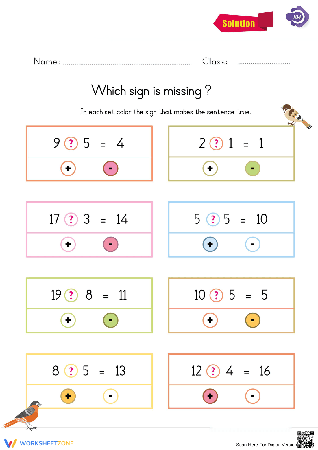 Missing Operation Signs: Grade 1 Printable Math Worksheet - Page 2