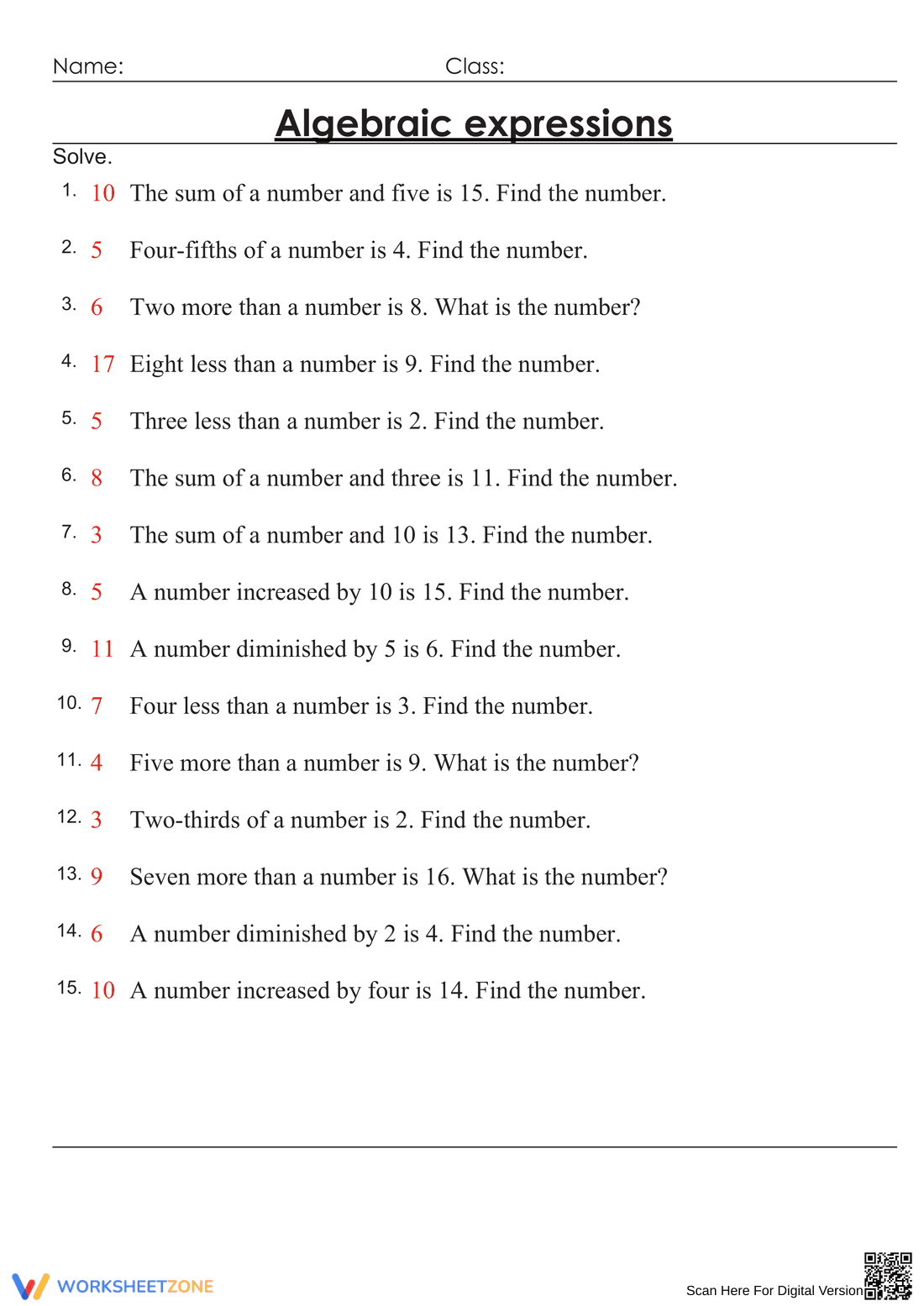 Algebraic Expressions Worksheet Practice - Page 2