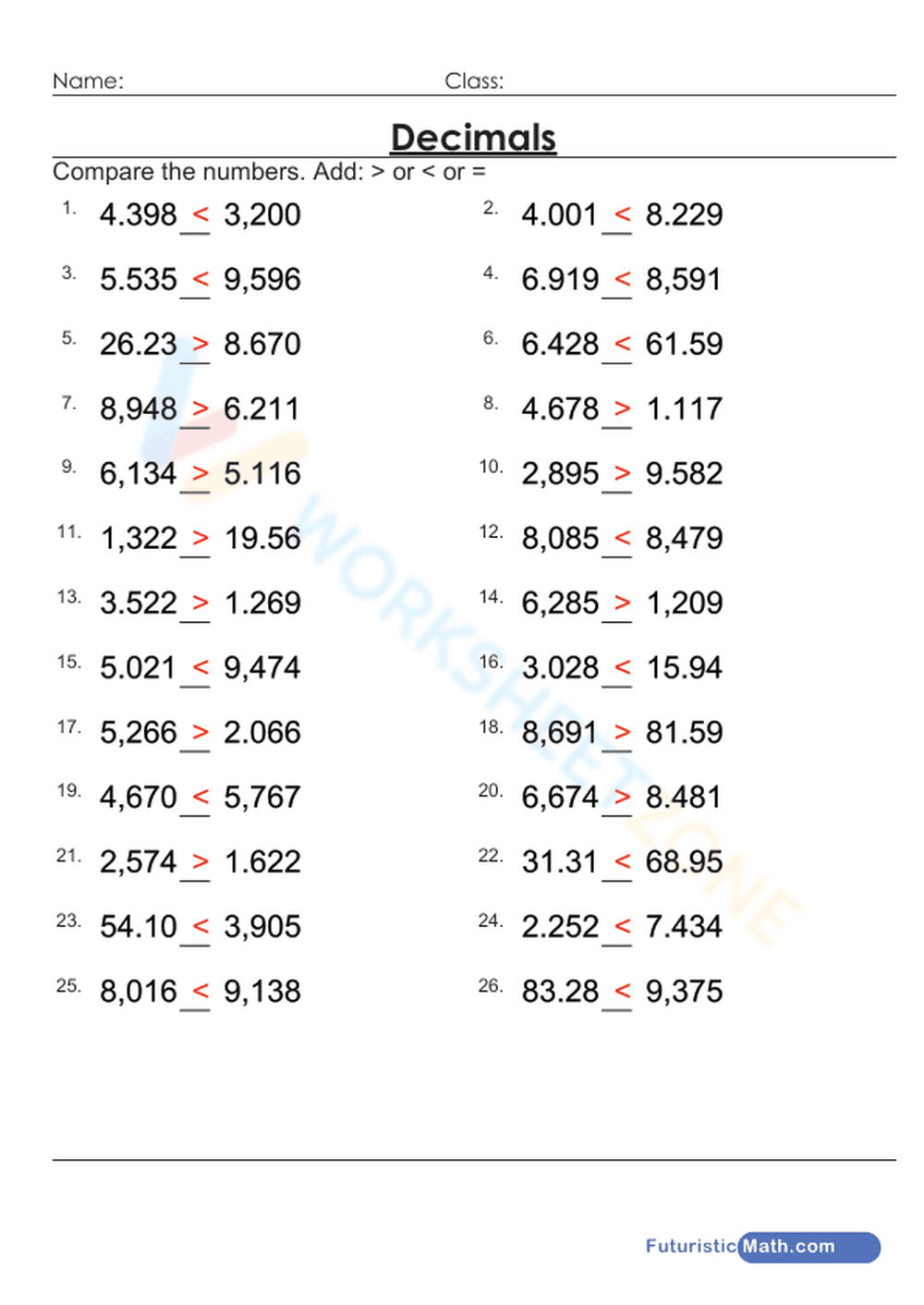 Printable Comparing Decimals Worksheet | Grade 5 Math - Page 2