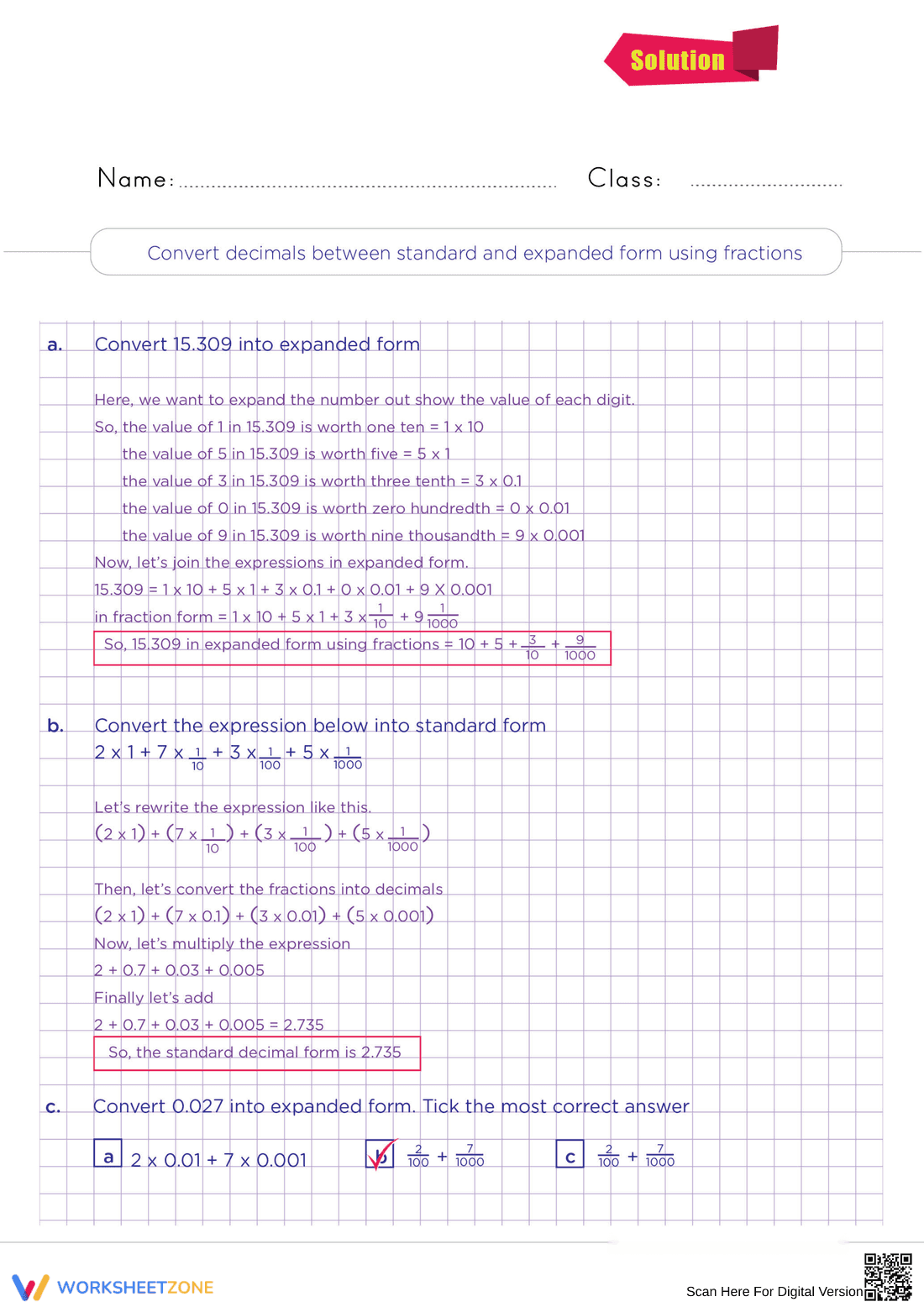 Converting Decimals To Expanded Form Using Fractions Worksheet - Page 2
