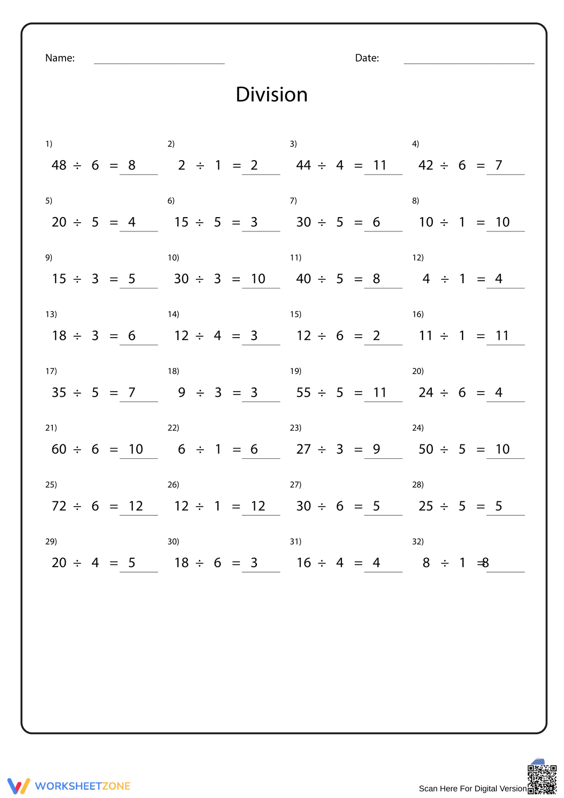 Basic Division Facts Practice Worksheet - Page 2