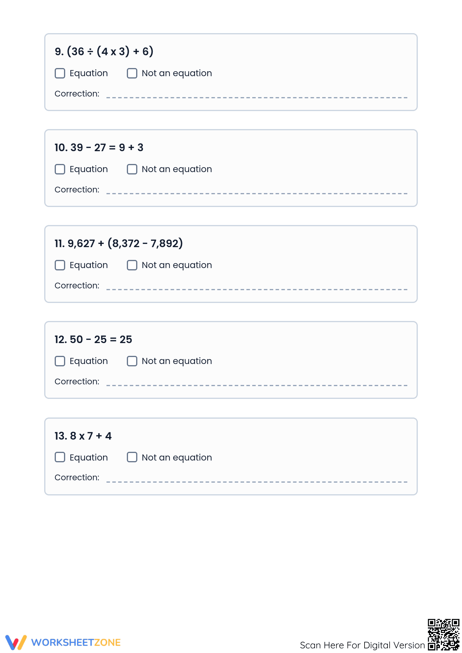 Printable Expressions vs. Equations Worksheet | Grade 6 Math - Page 3