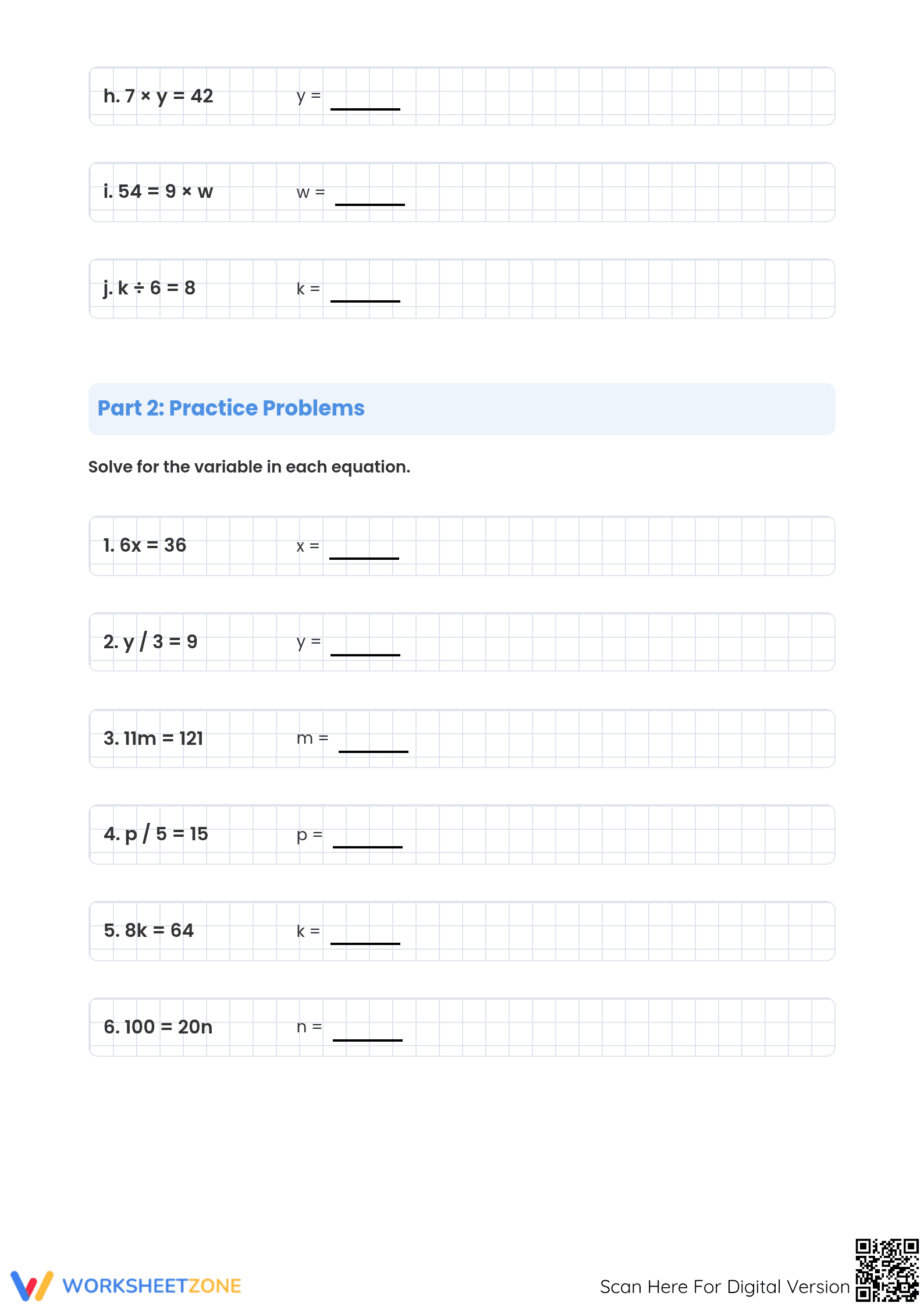 Grade 6 One-Step Equations — Printable No-Prep Worksheet - Page 2