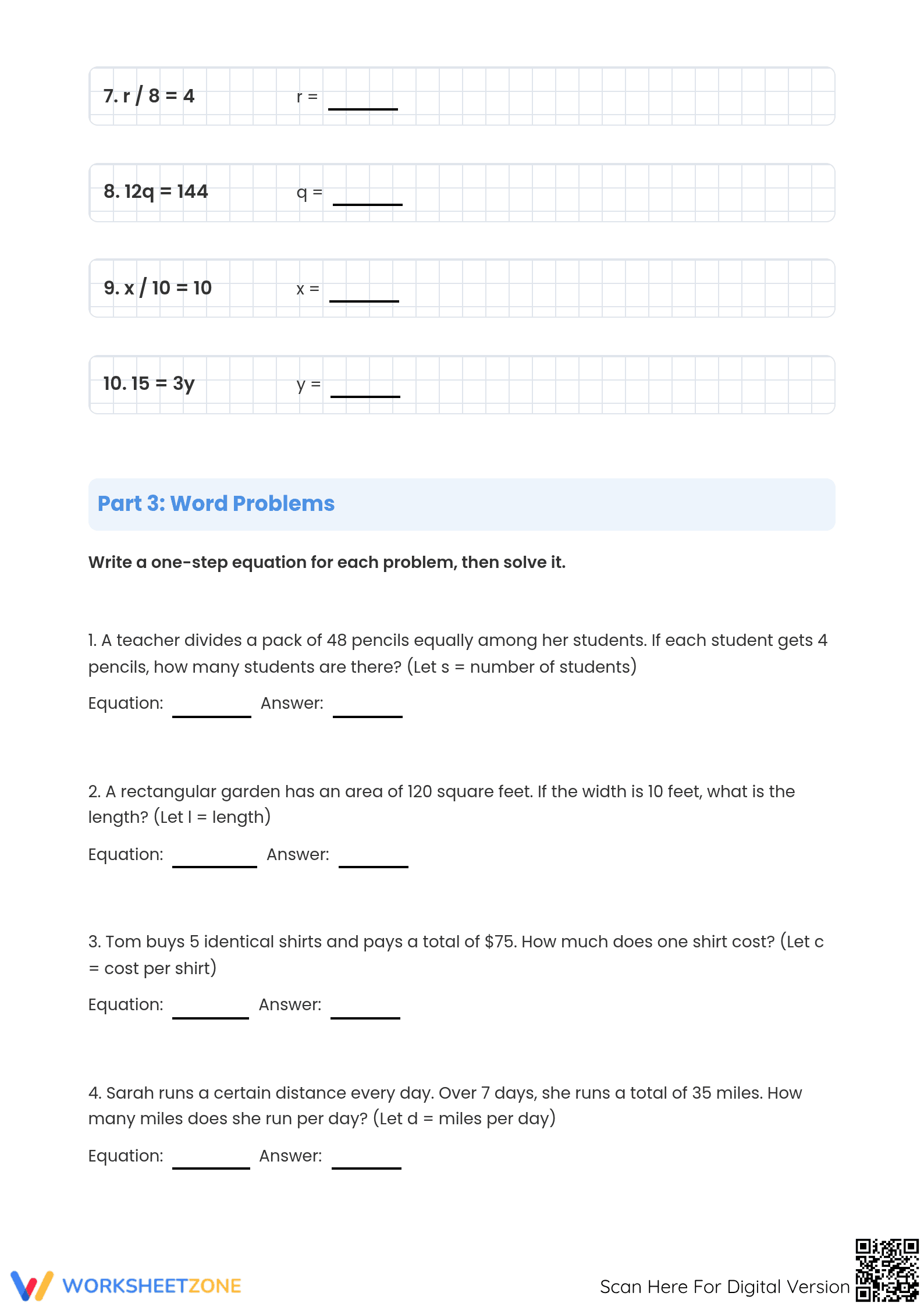 Grade 6 One-Step Equations — Printable No-Prep Worksheet - Page 3