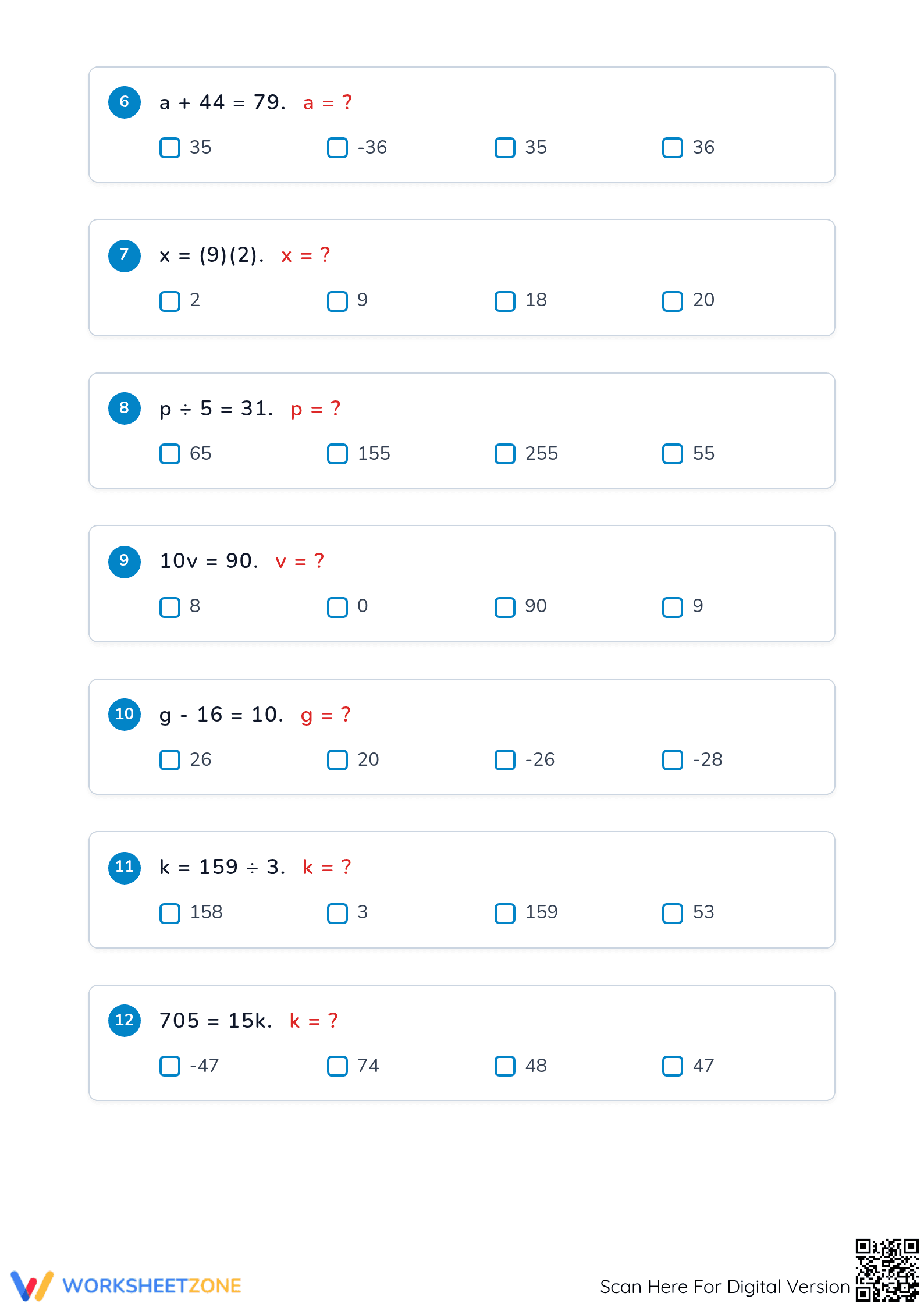 One-Step Equations Printable Worksheet | Grade 6 Math - Page 2