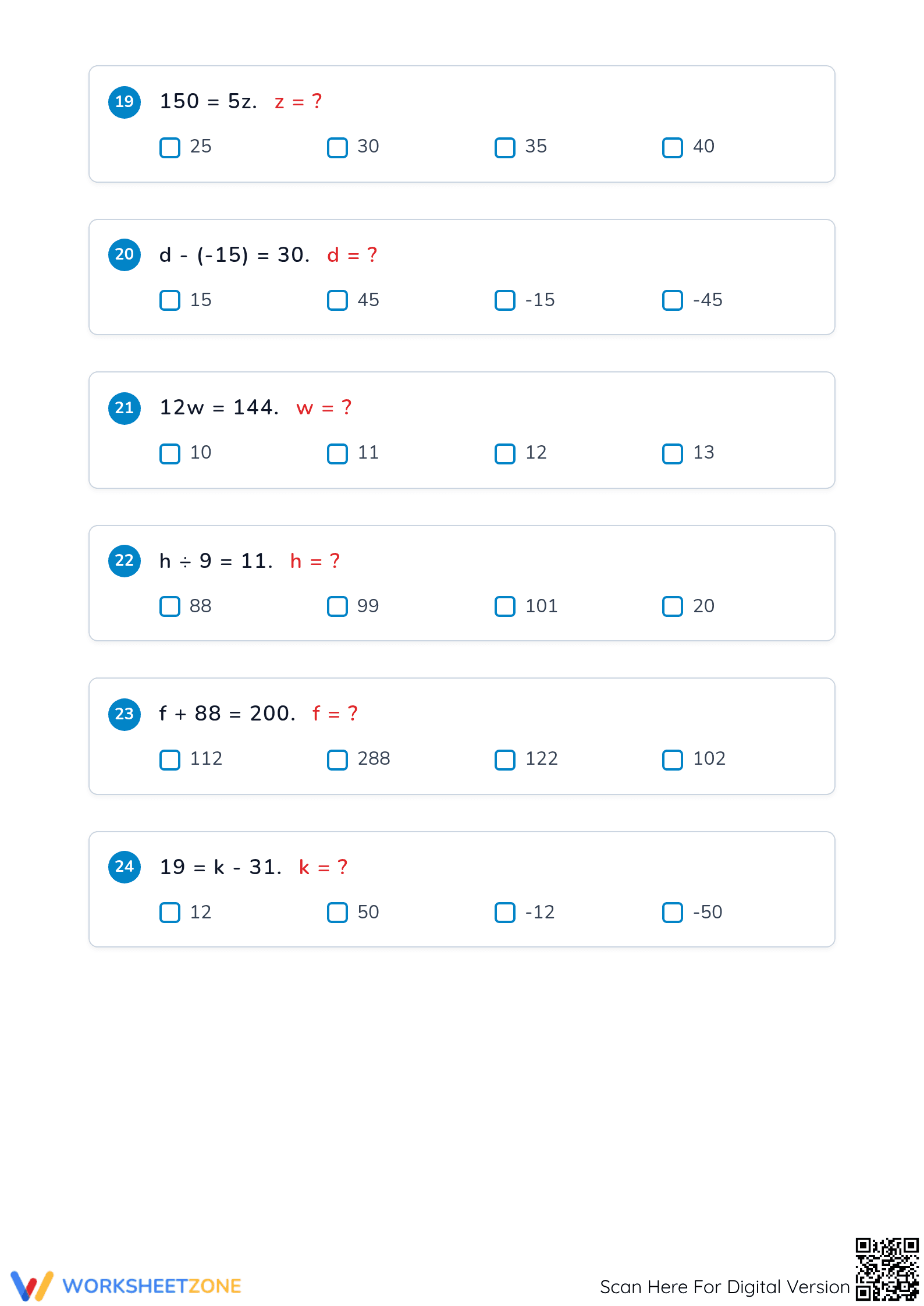 One-Step Equations Printable Worksheet | Grade 6 Math - Page 4