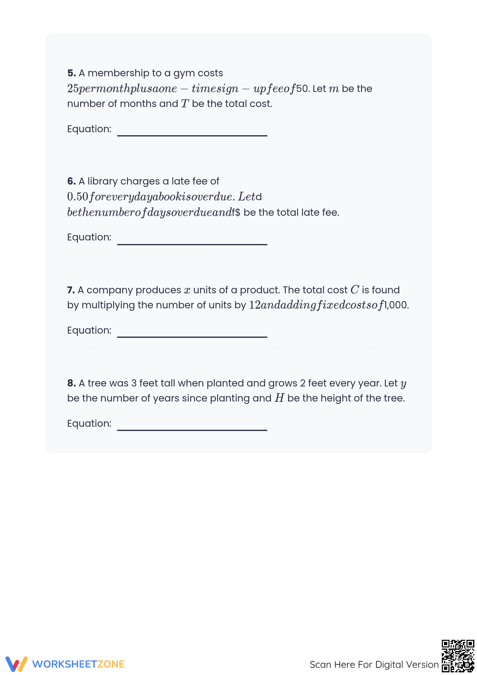 Printable Write Two-Variable Equations Worksheet | Grade 6-8 - Page 3