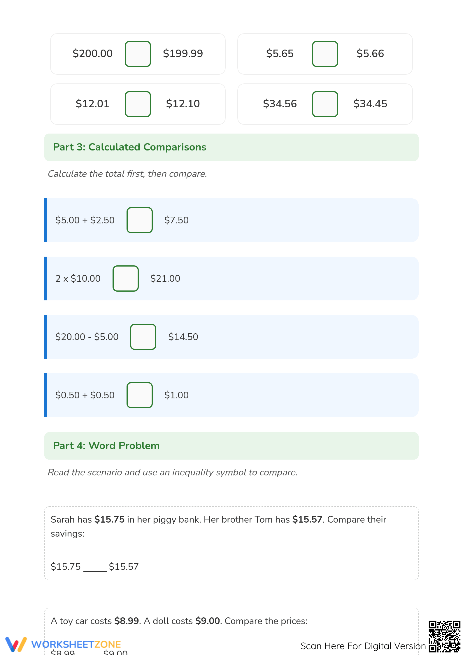 Grade 2 Money Inequalities — Printable No-Prep Worksheet - Page 2