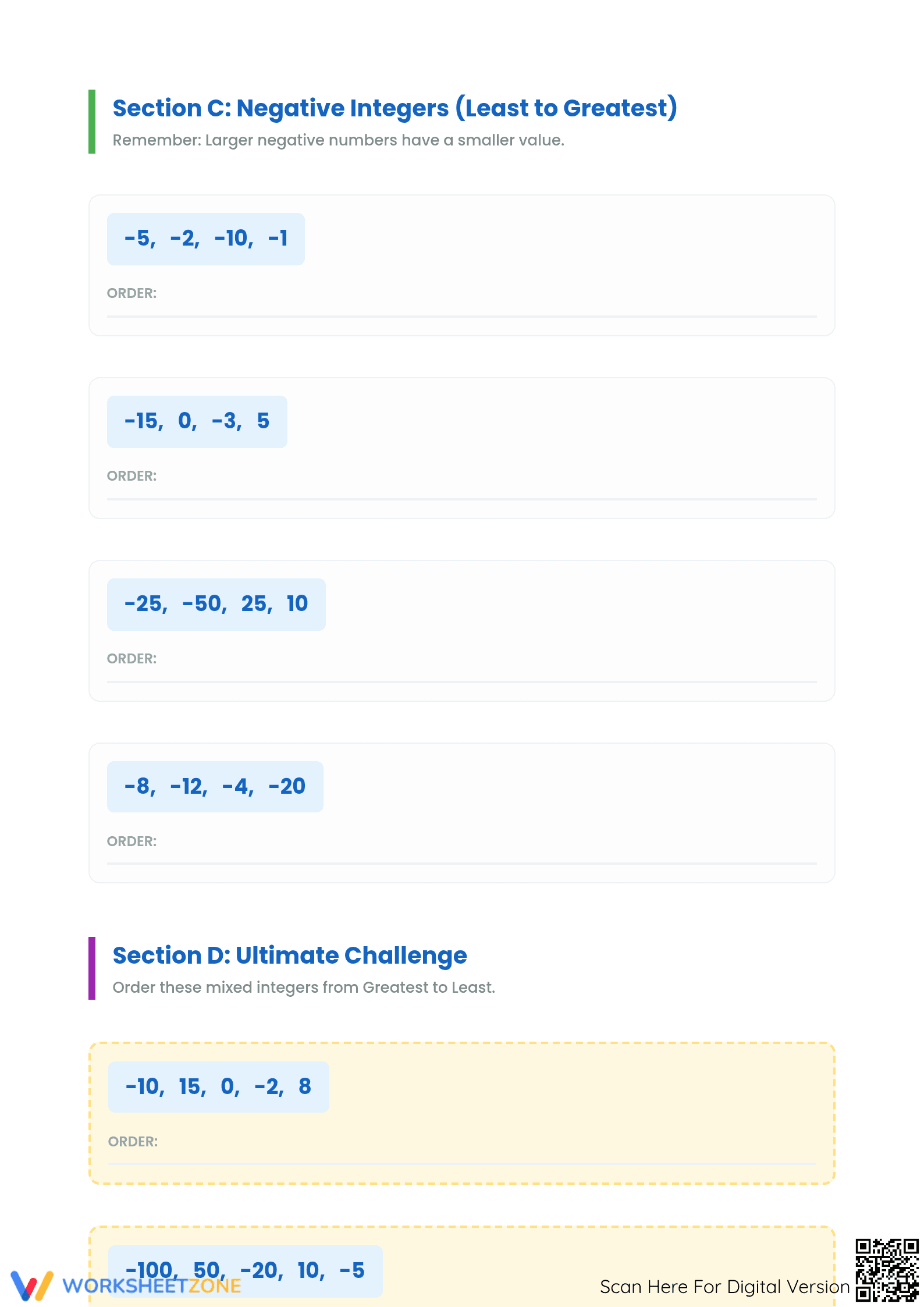 Printable Ordering Integers Worksheet | Grade 5 Math - Page 3
