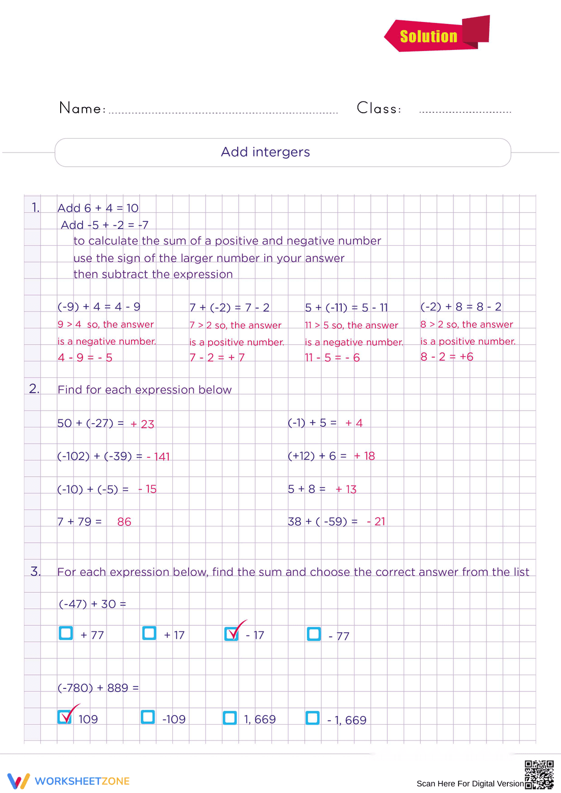 Add Integers Worksheet for Math Practice - Page 2