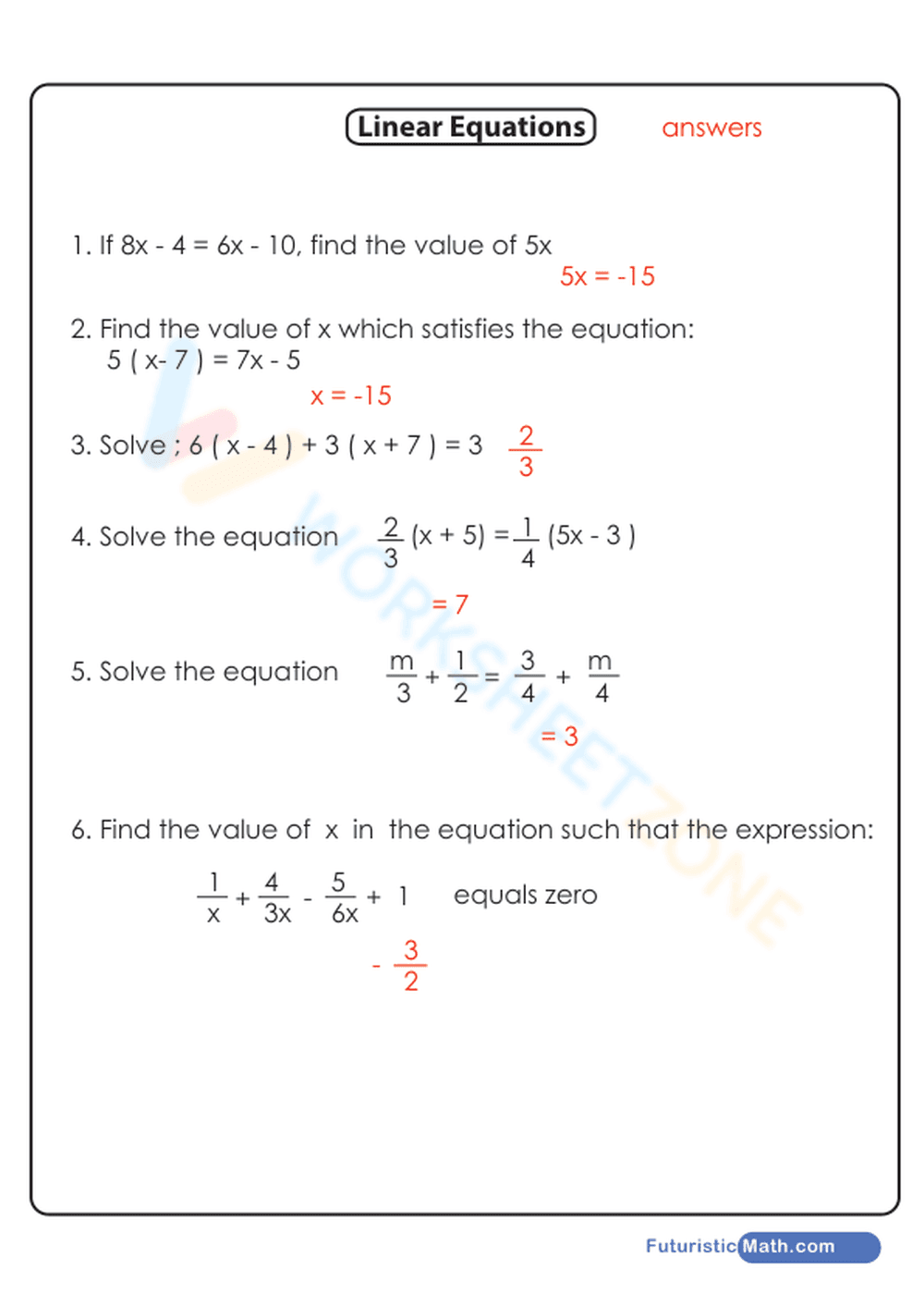 Solve Linear Equations Worksheet for Algebra - Page 2