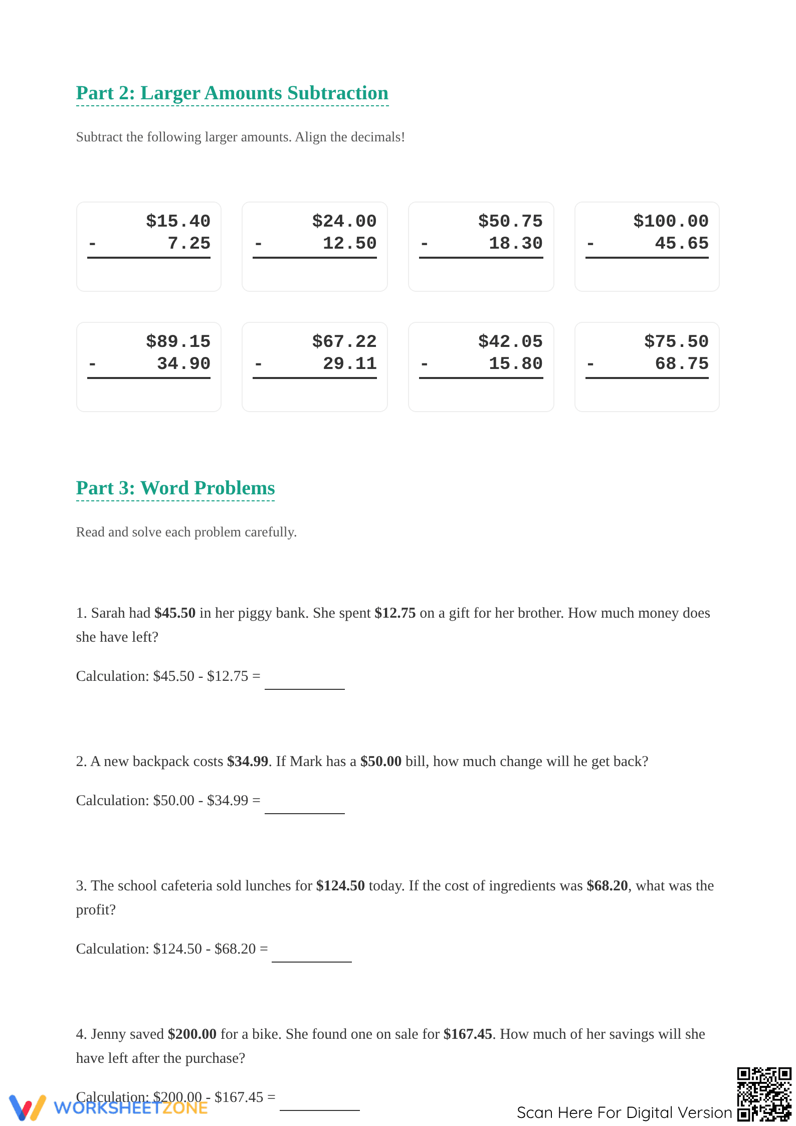 Printable Money Subtraction Worksheet | Grade 5 Math - Page 2