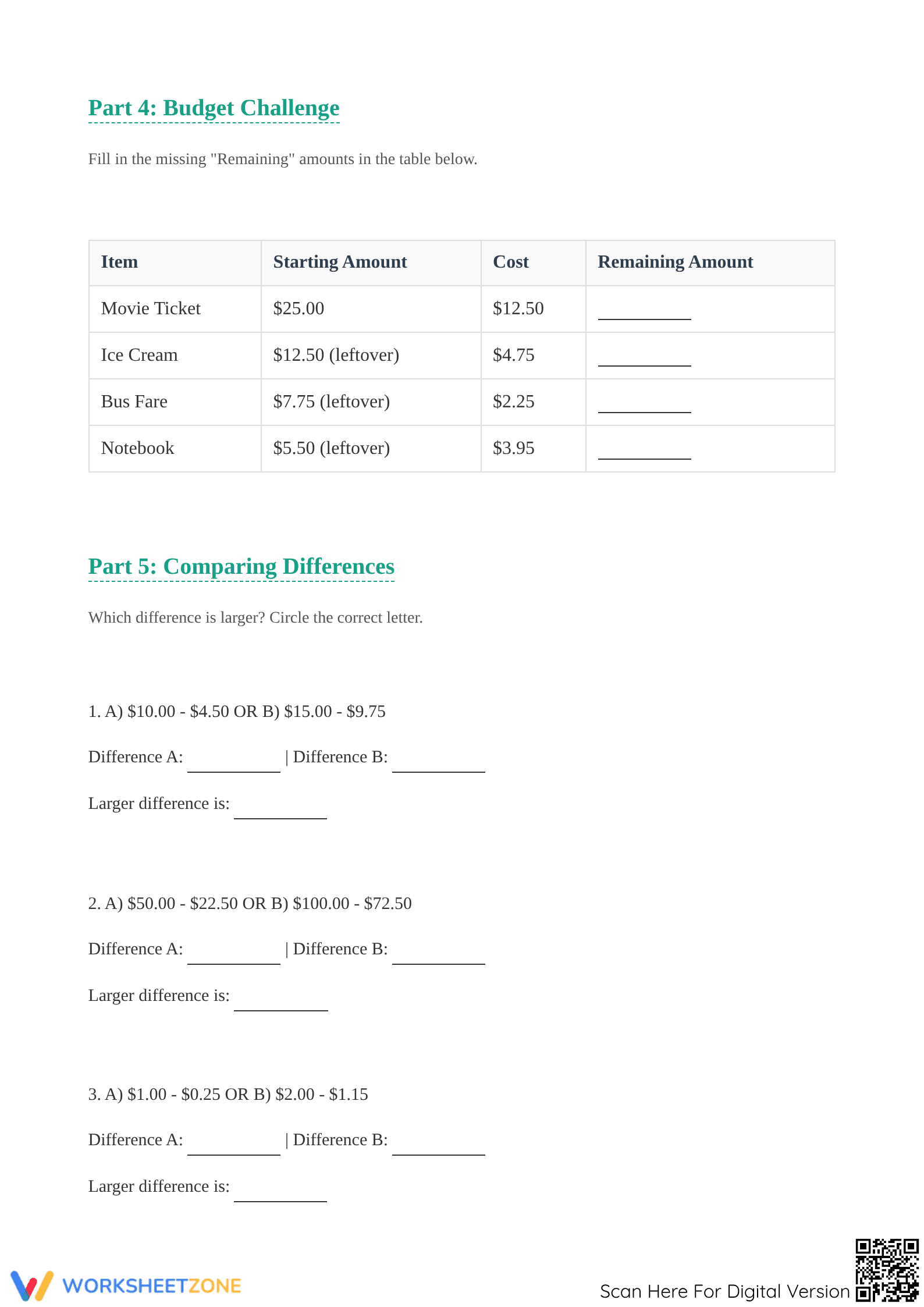 Printable Money Subtraction Worksheet | Grade 5 Math - Page 3