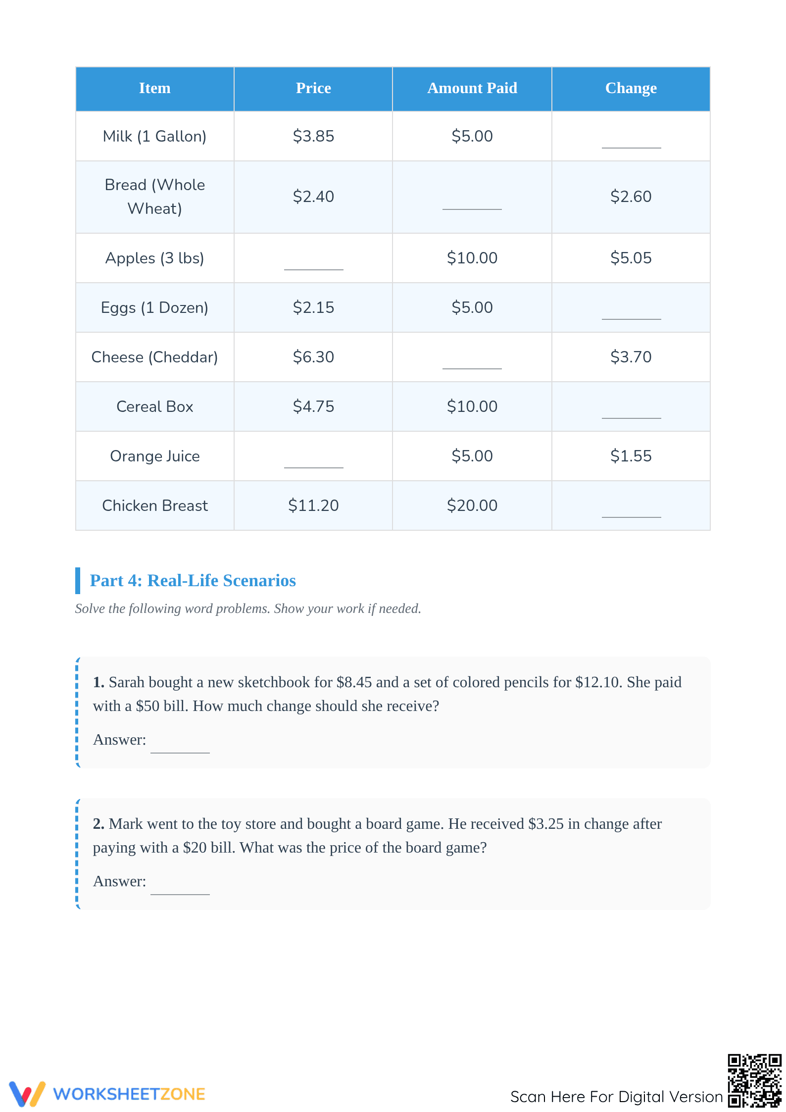 Grade 4 Money Word Problems — Printable No-Prep Worksheet - Page 3