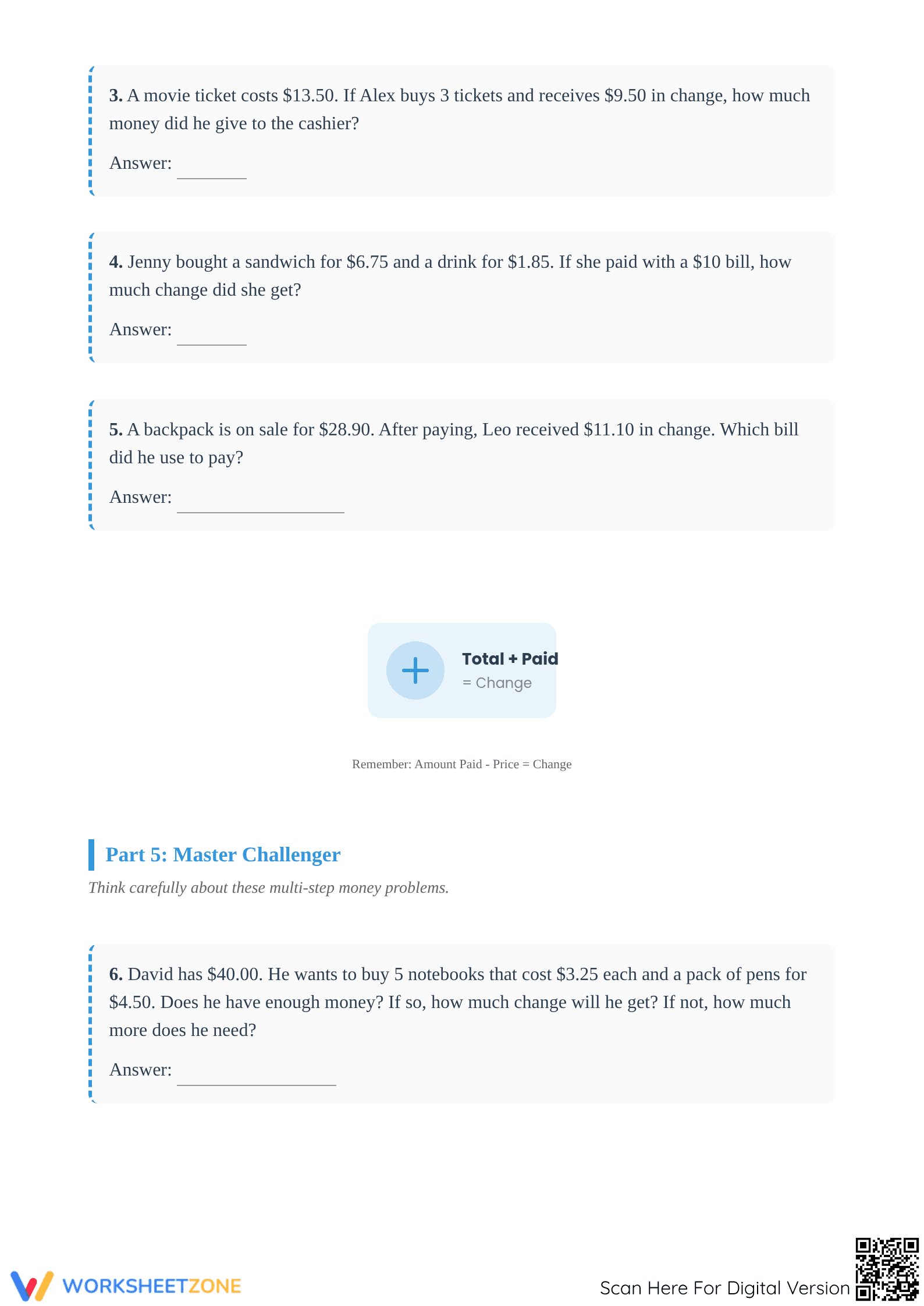 Grade 4 Money Word Problems — Printable No-Prep Worksheet - Page 4