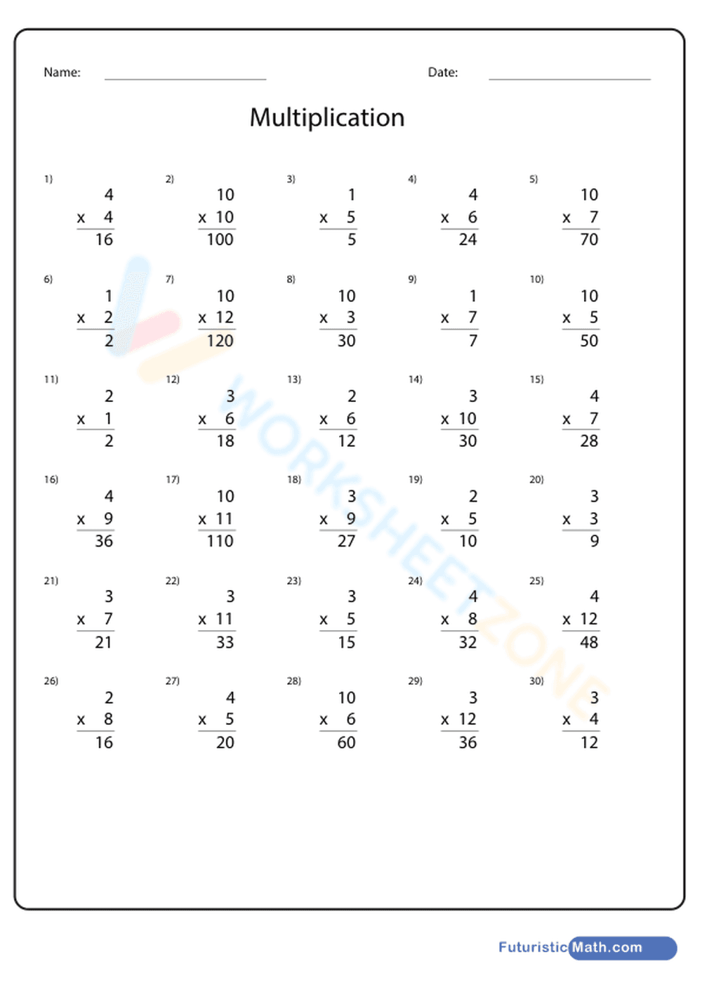 Multiplication Worksheet for Math Practice - Page 2