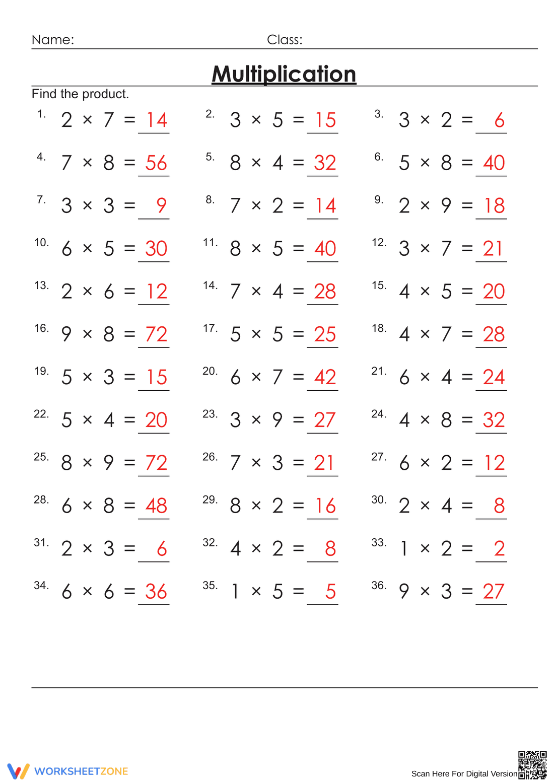 Basic Multiplication Worksheet for Math Skills - Page 2