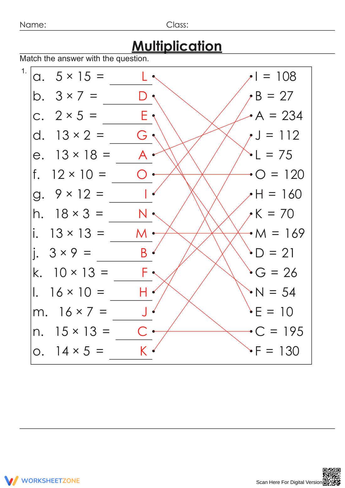 Multiplication Matching Exercise Worksheet for Math - Page 2