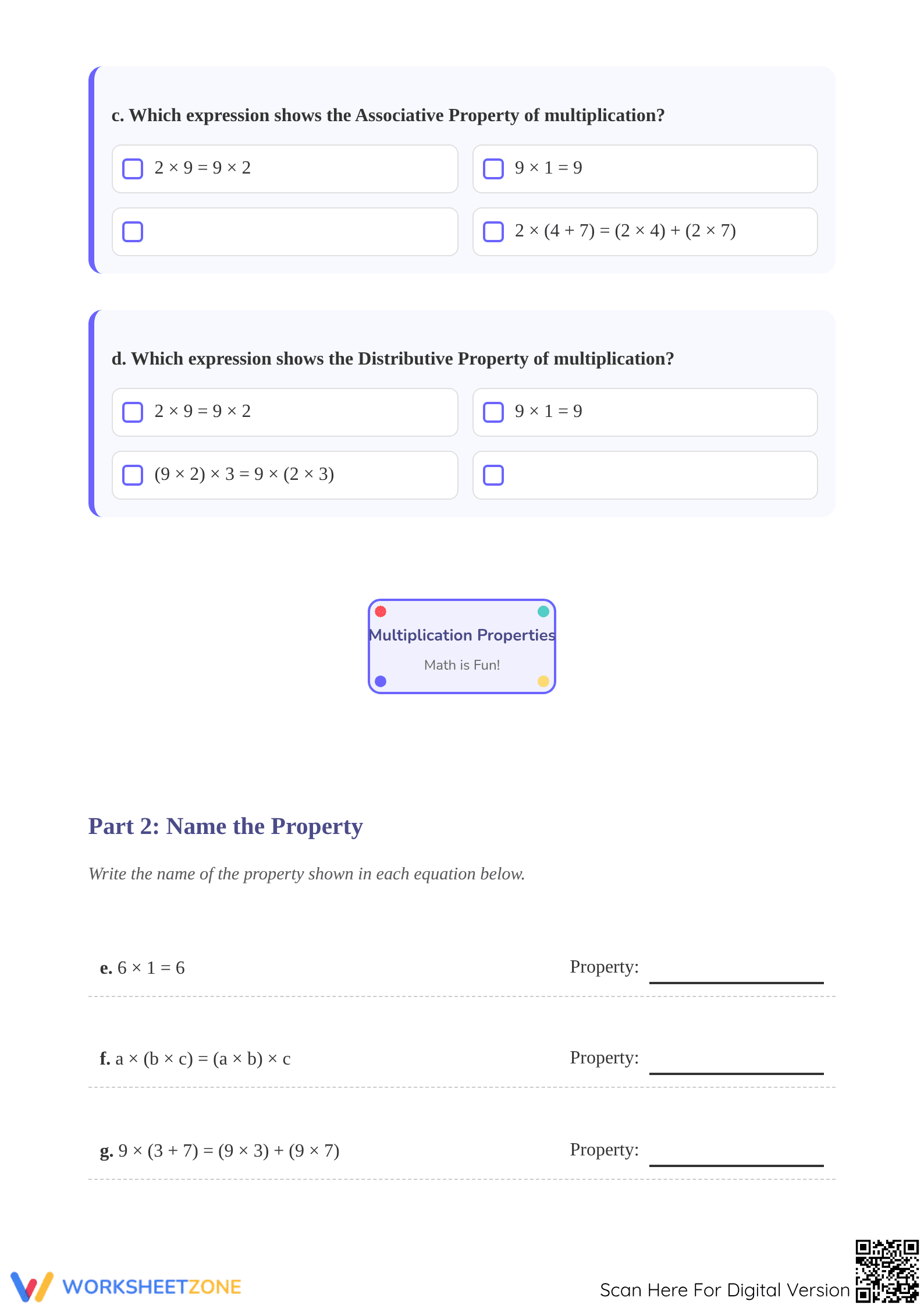 Printable Math Worksheet: Properties of Multiplication Grade 3 - Page 2