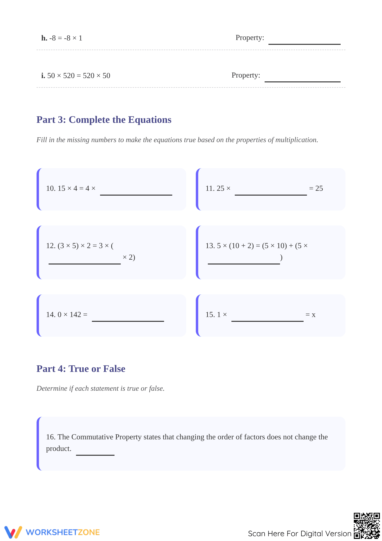 Printable Math Worksheet: Properties of Multiplication Grade 3 - Page 3