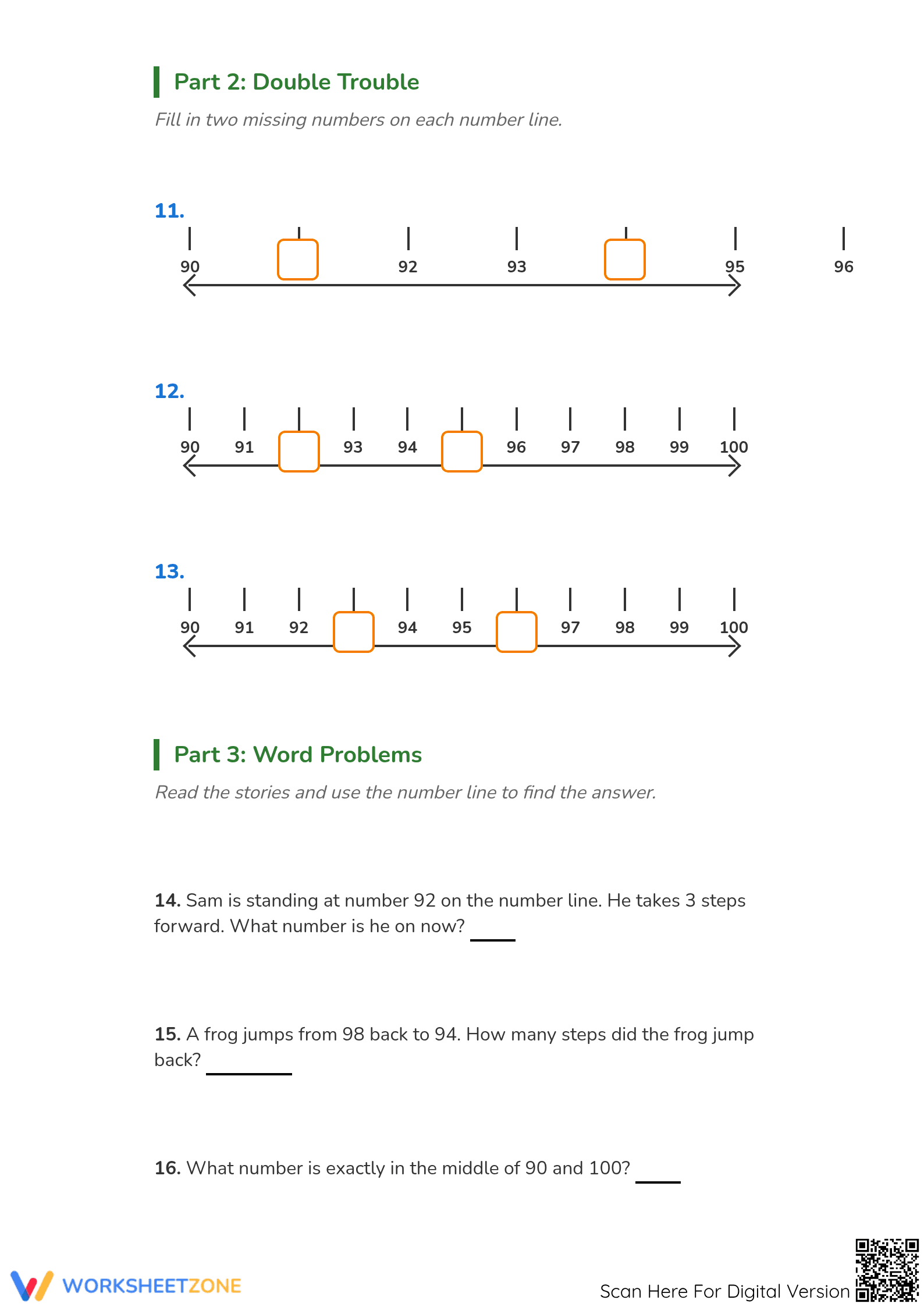 Printable Number Line 90-100 Worksheet | Grade 2 Math - Page 3