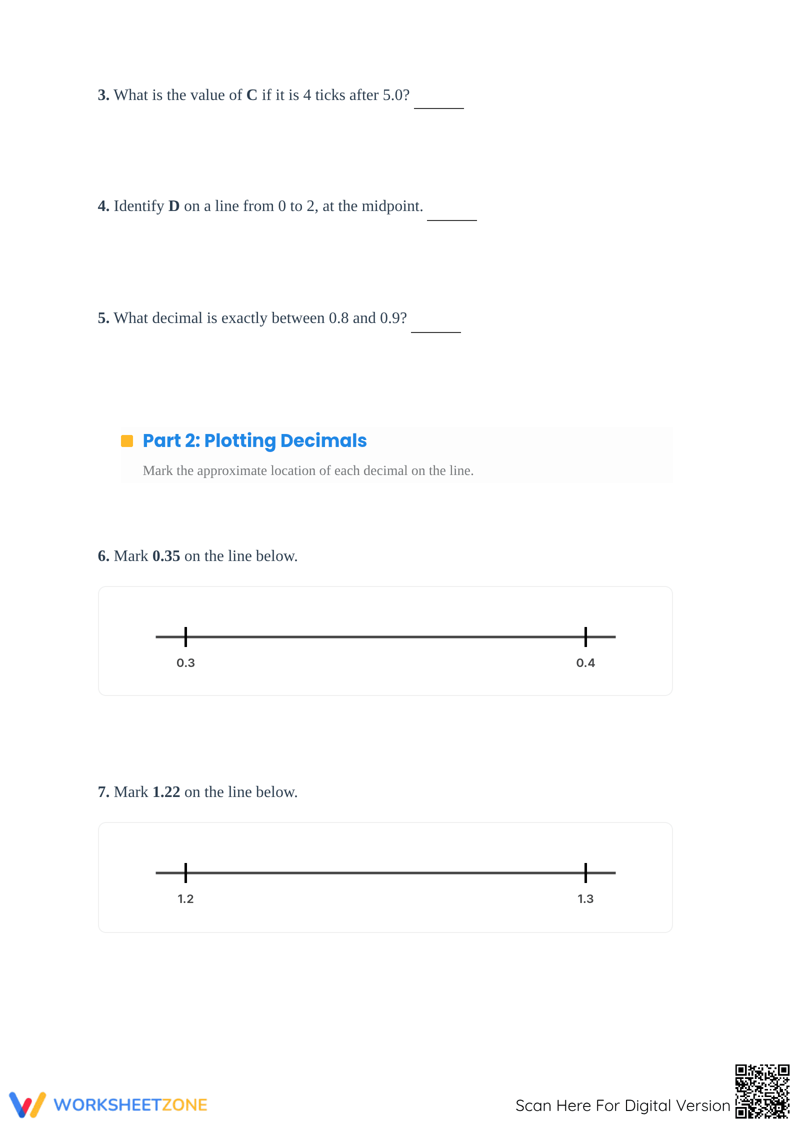 Printable Decimal Number Lines Worksheet | Grade 4 Math - Page 2