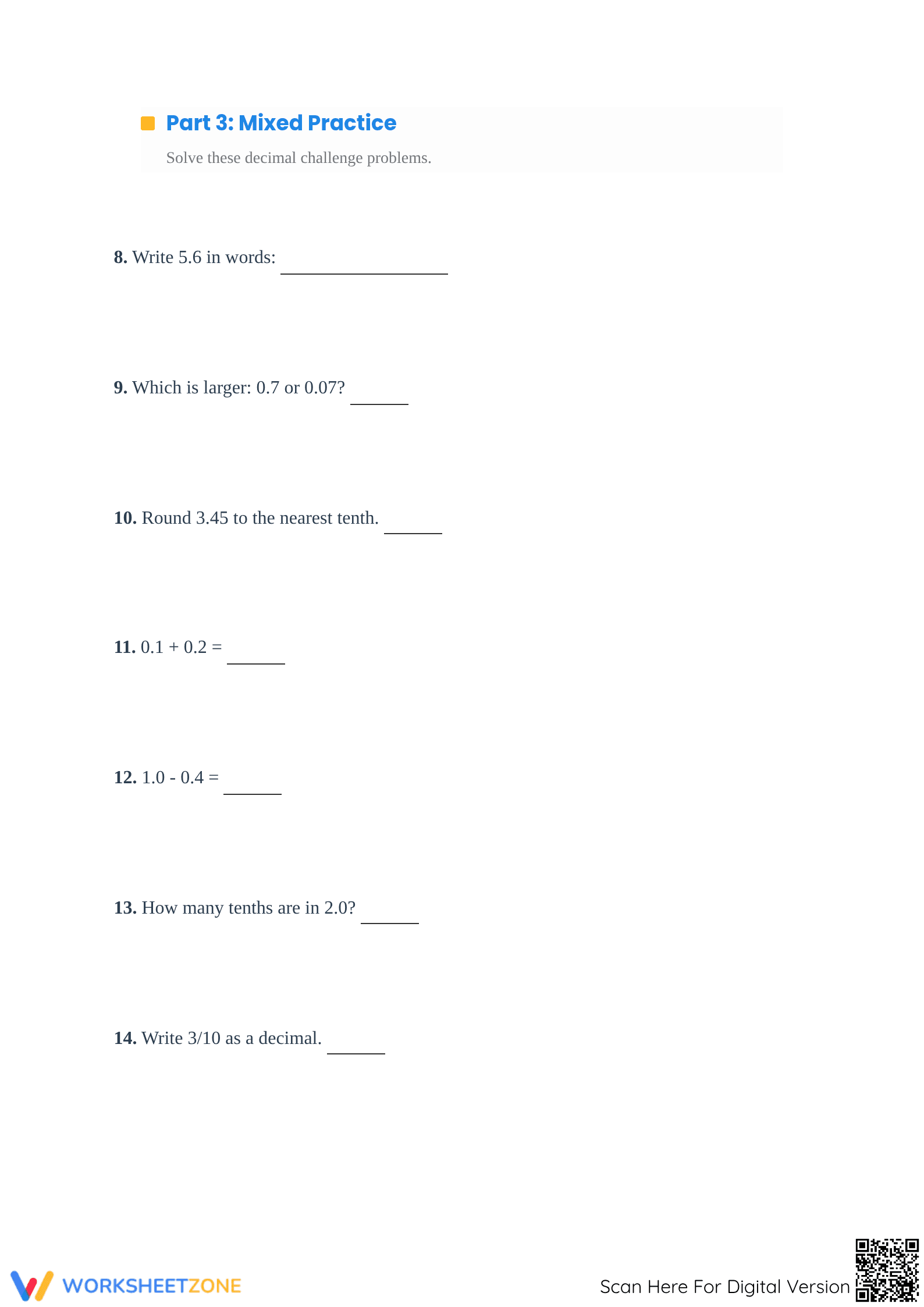 Printable Decimal Number Lines Worksheet | Grade 4 Math - Page 3