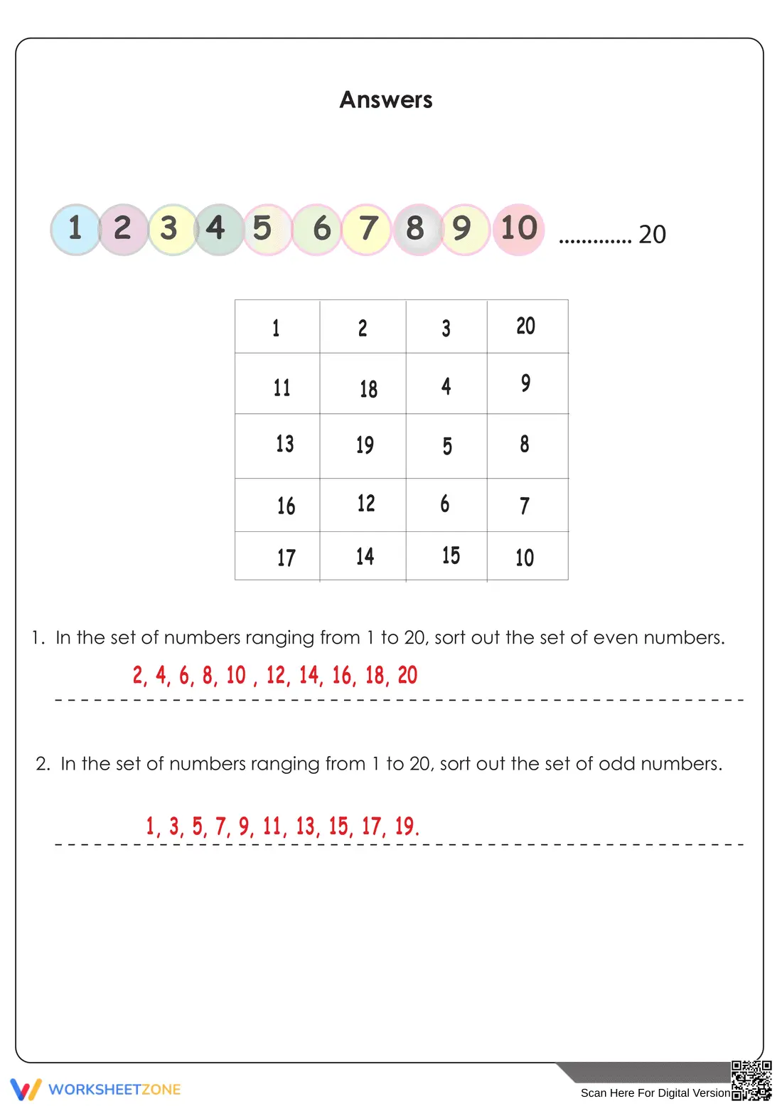 Counting and Sorting Numbers 1 to 20 Worksheet - Page 2
