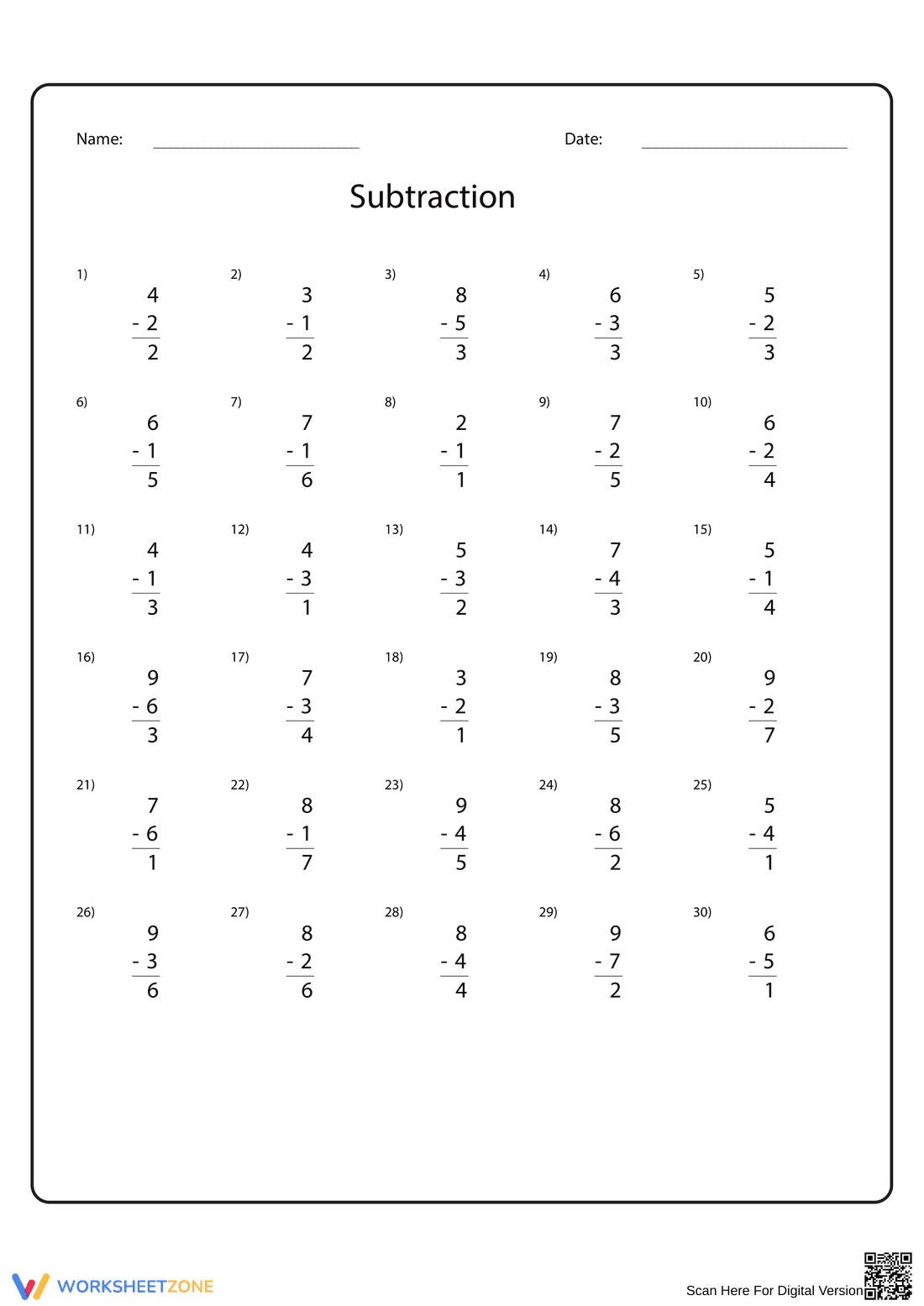 Subtract Single Digits Practice - Page 2