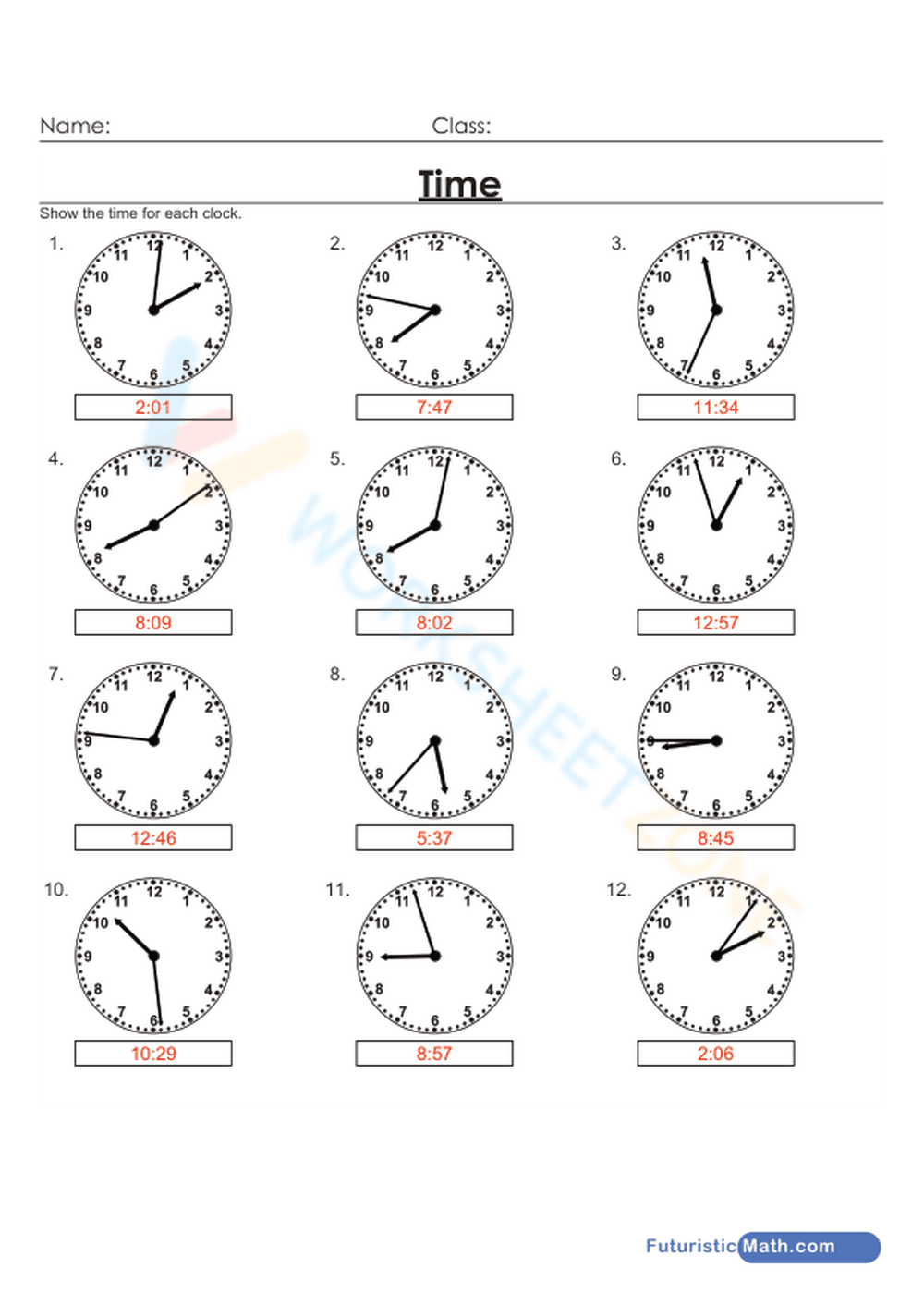 Grade 3 Telling Time — Printable No-Prep Worksheet - Page 2