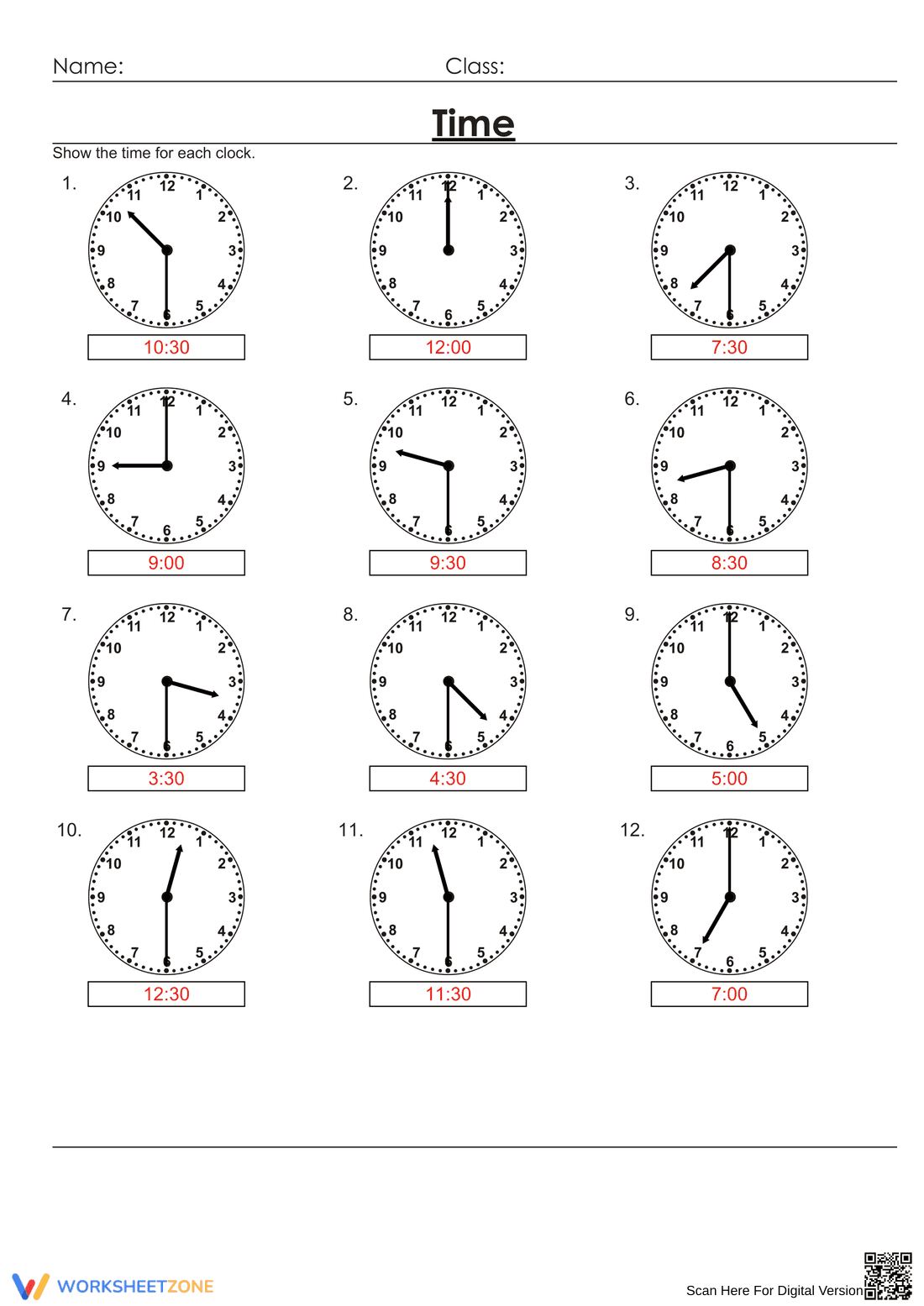 Grade 1 Telling Time — Printable No-Prep Worksheet - Page 2