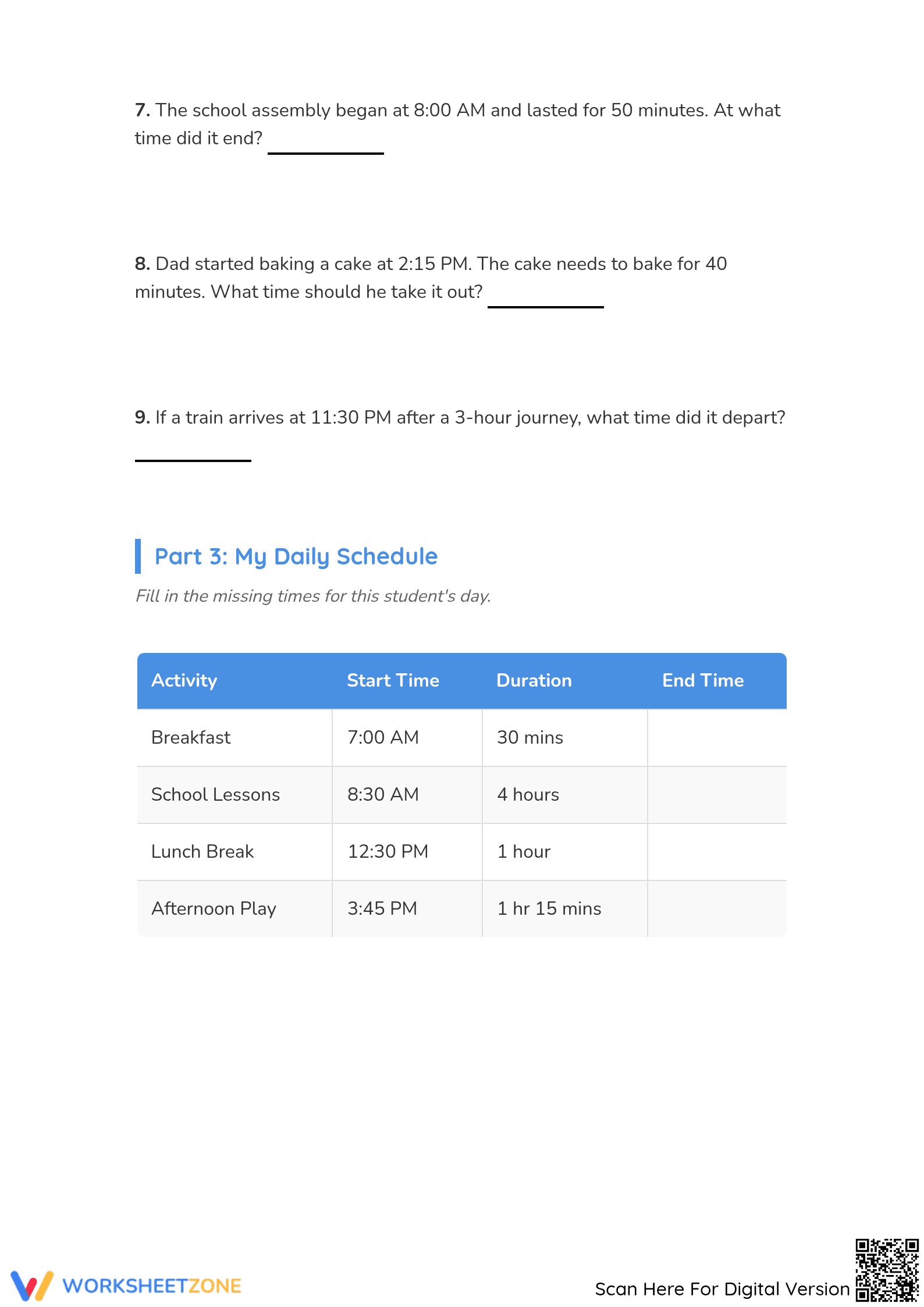 Grade 3 Time Word Problems — Printable No-Prep Worksheet - Page 3