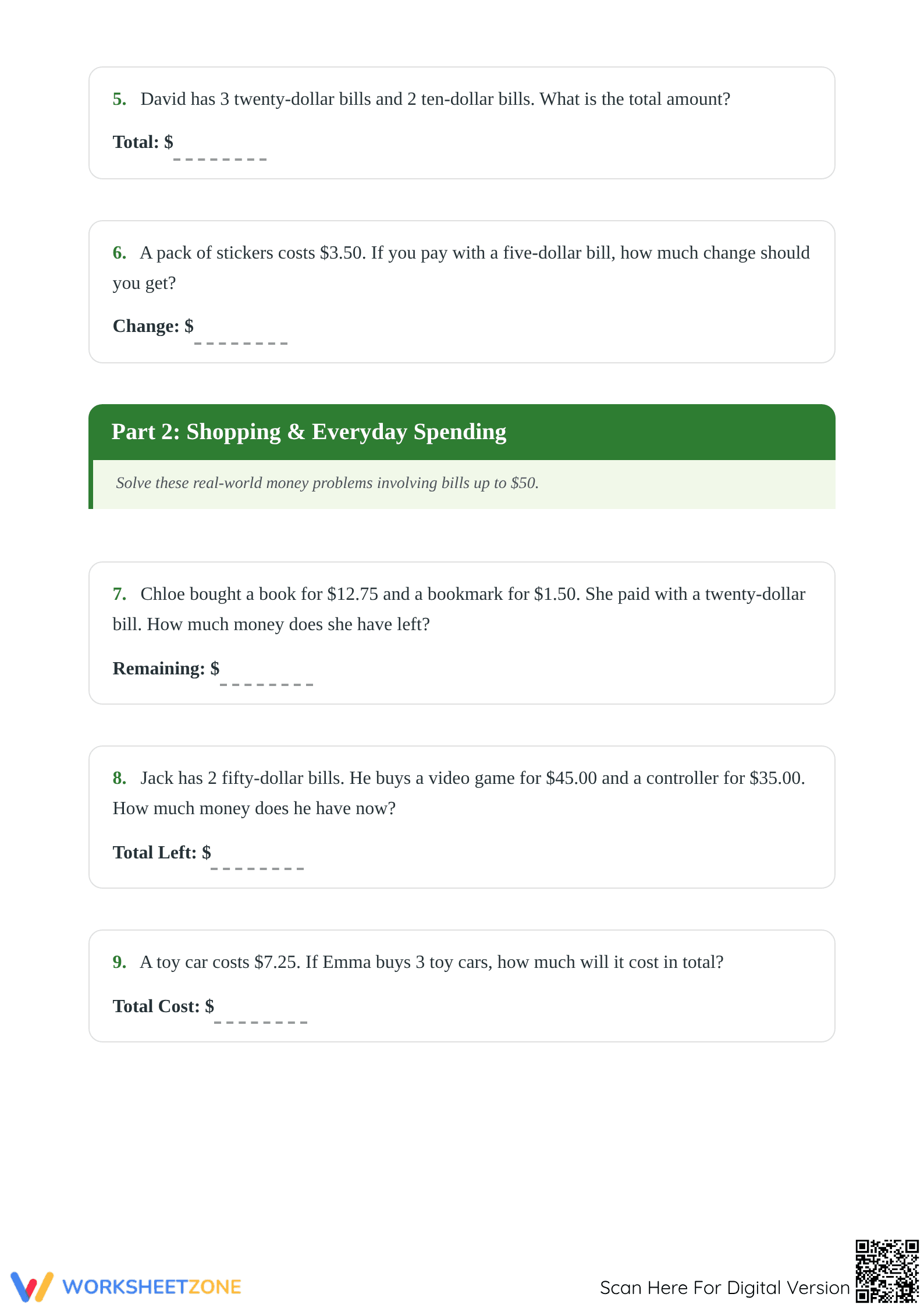2.MD.C.8 Worksheet: Money Word Problems — Grade 2 Aligned - Page 2