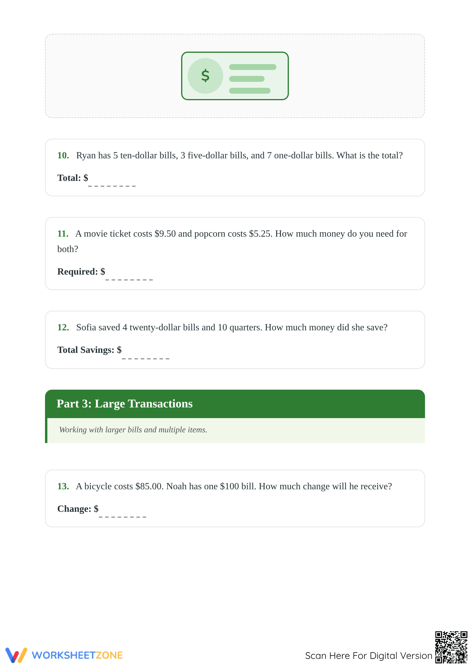 2.MD.C.8 Worksheet: Money Word Problems — Grade 2 Aligned - Page 3