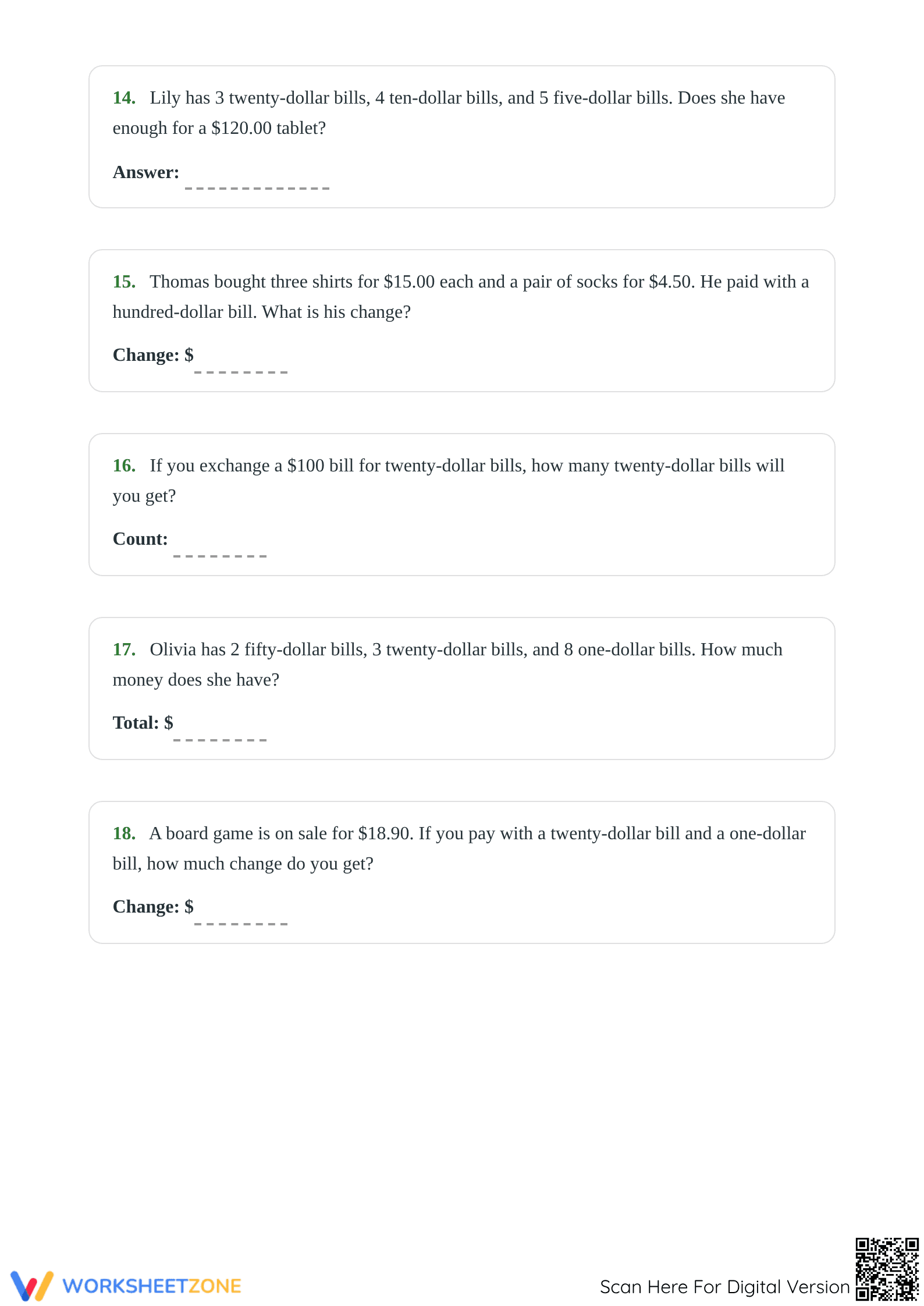 2.MD.C.8 Worksheet: Money Word Problems — Grade 2 Aligned - Page 4