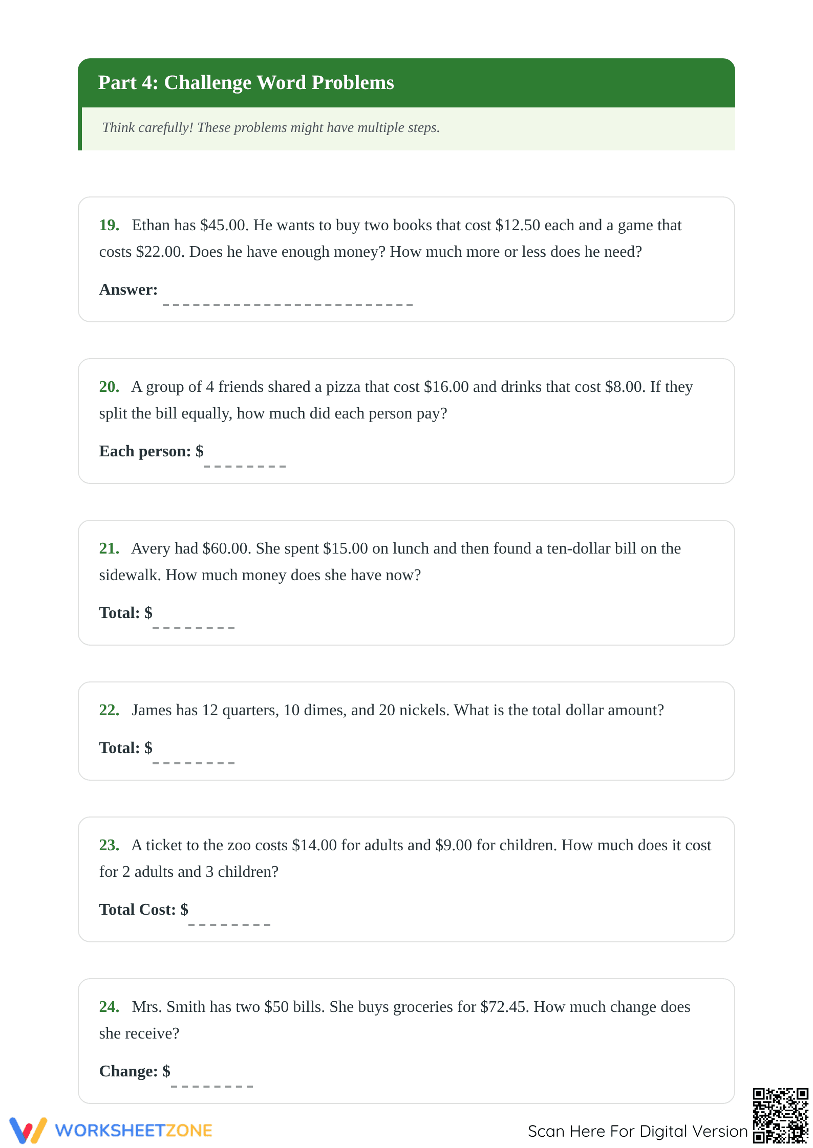2.MD.C.8 Worksheet: Money Word Problems — Grade 2 Aligned - Page 5