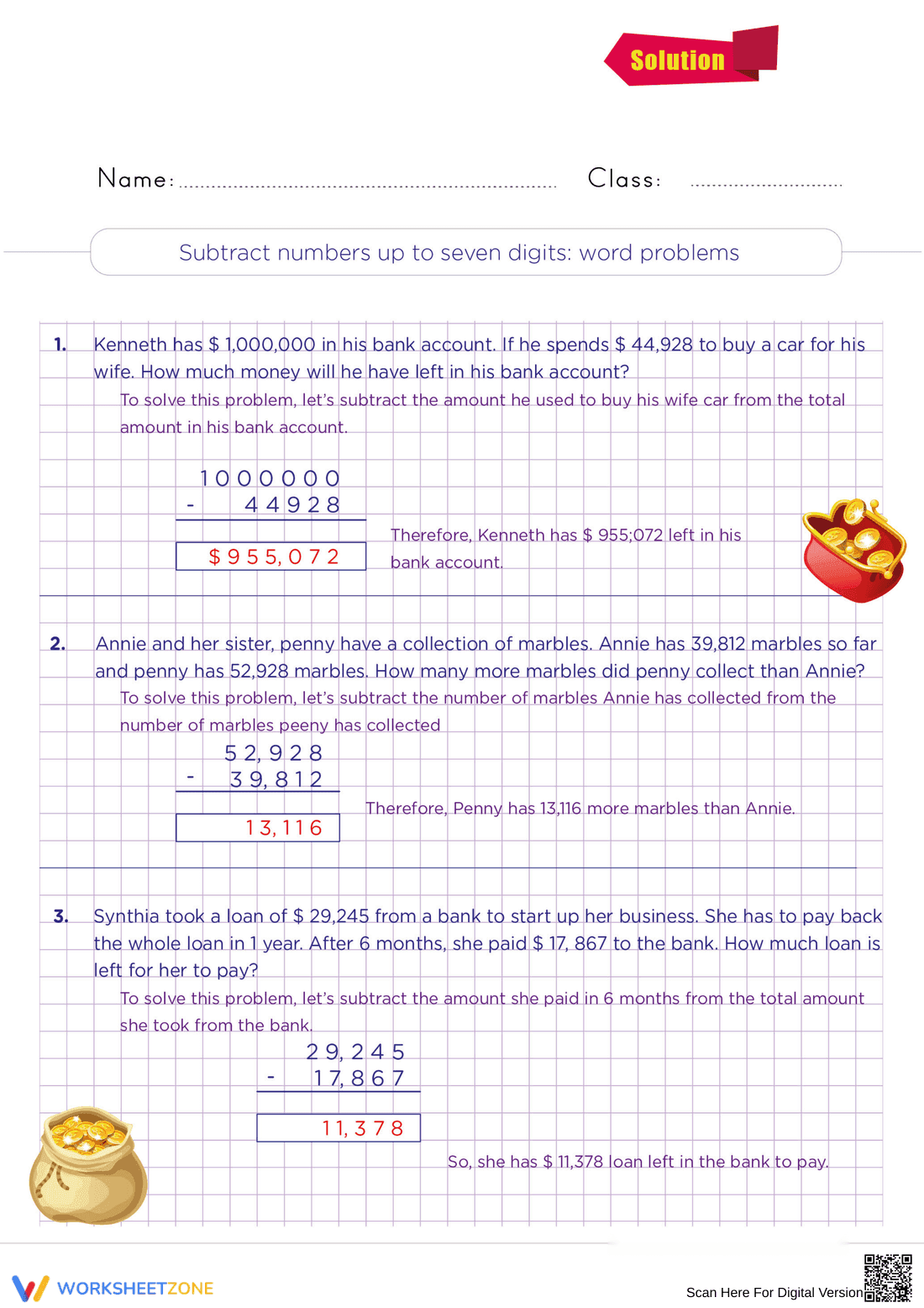 Subtract Numbers Up To Seven Digits: Word Problems - Page 2
