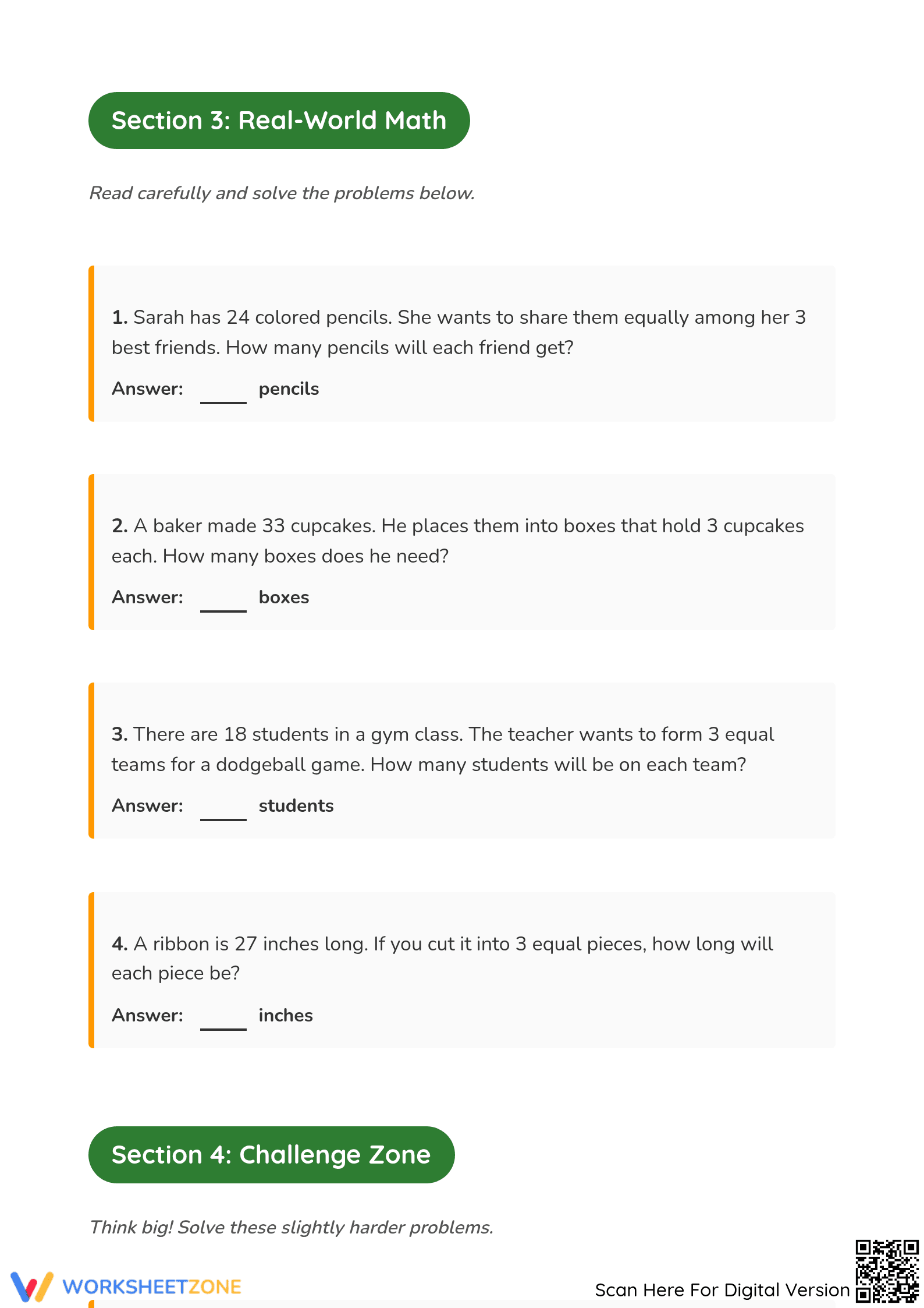 Grade 3 Division — Printable No-Prep Worksheet - Page 3