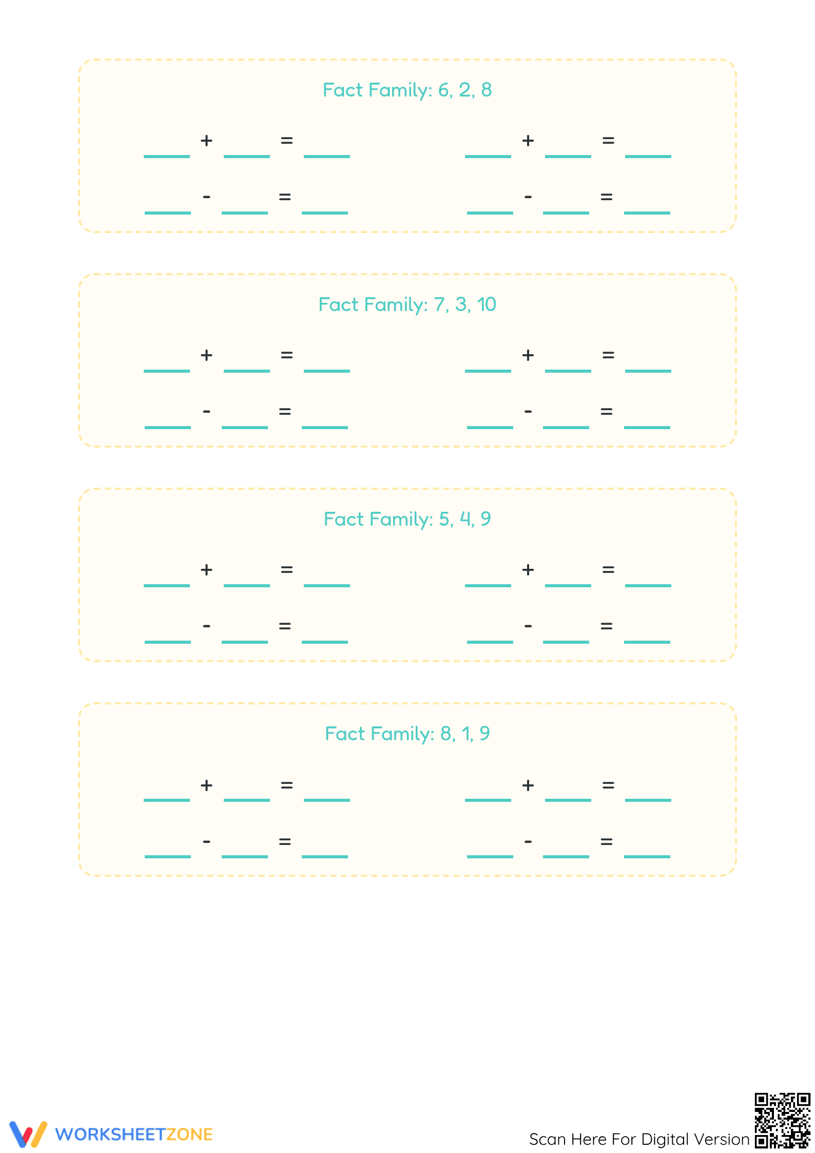 Printable Fact Families Worksheet | Grade 1 Math - Page 2