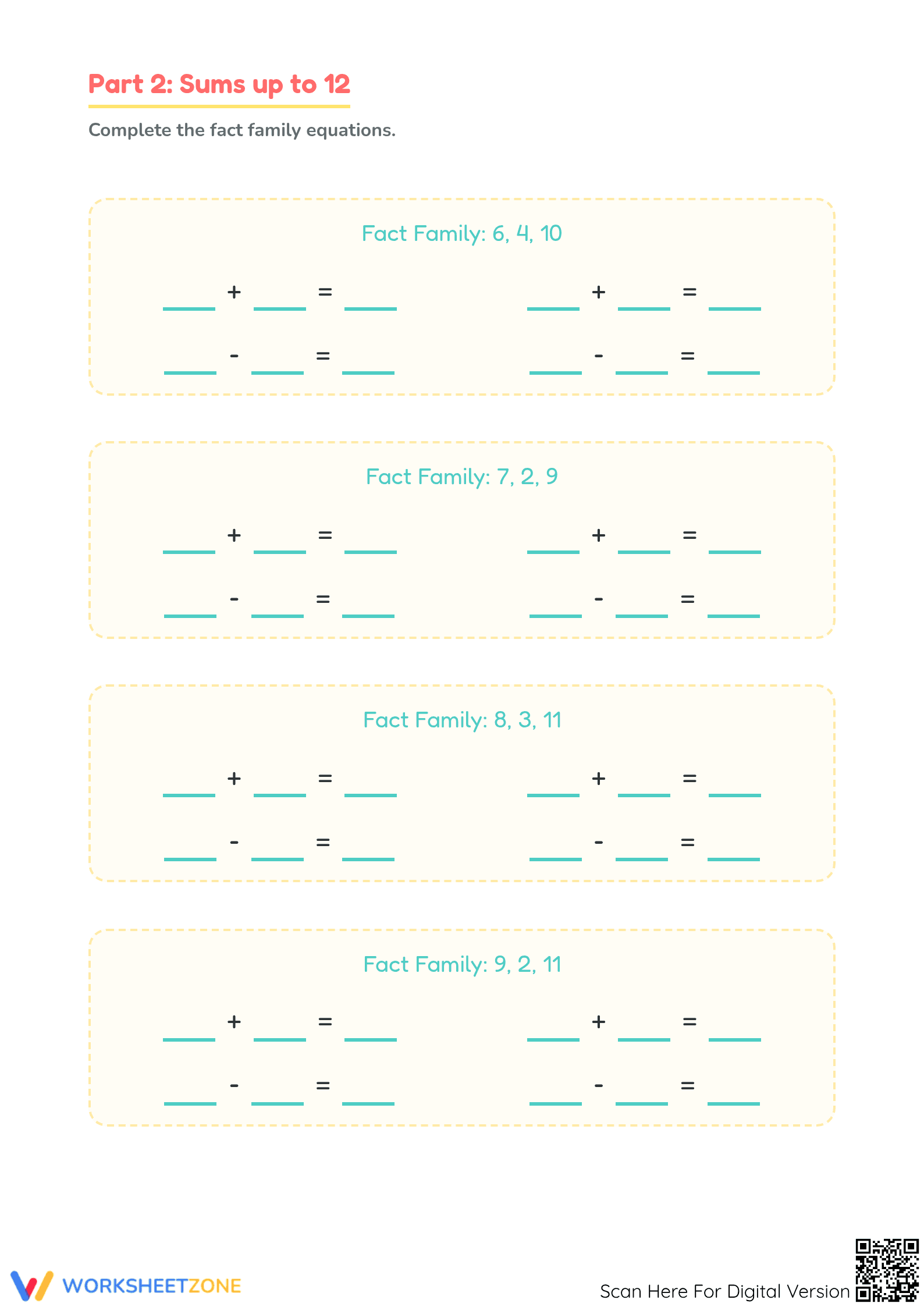 Printable Fact Families Worksheet | Grade 1 Math - Page 3